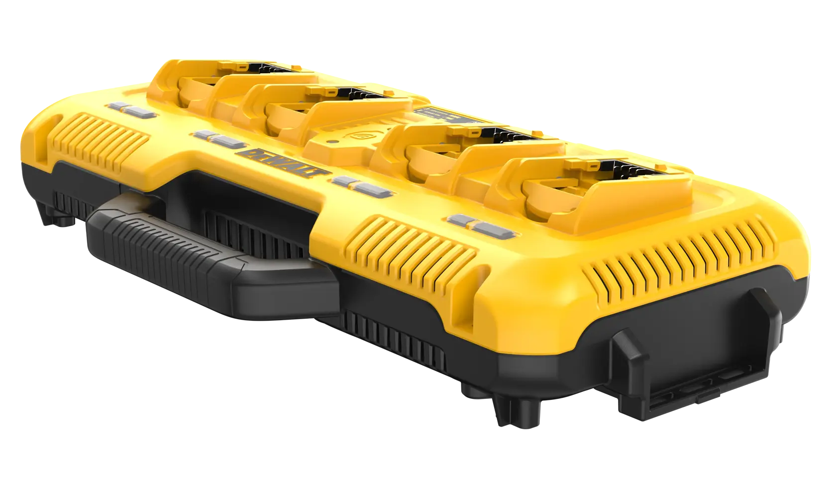 A yellow and black DEWALT multi-port battery charger with four charging slots and a carrying handle, photographed on a white background.