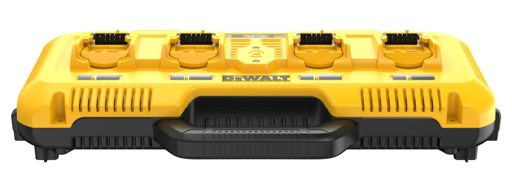 Front view of a DEWALT DCB104 yellow and black four-port battery charger with a handle, designed for charging multiple power tool batteries simultaneously.