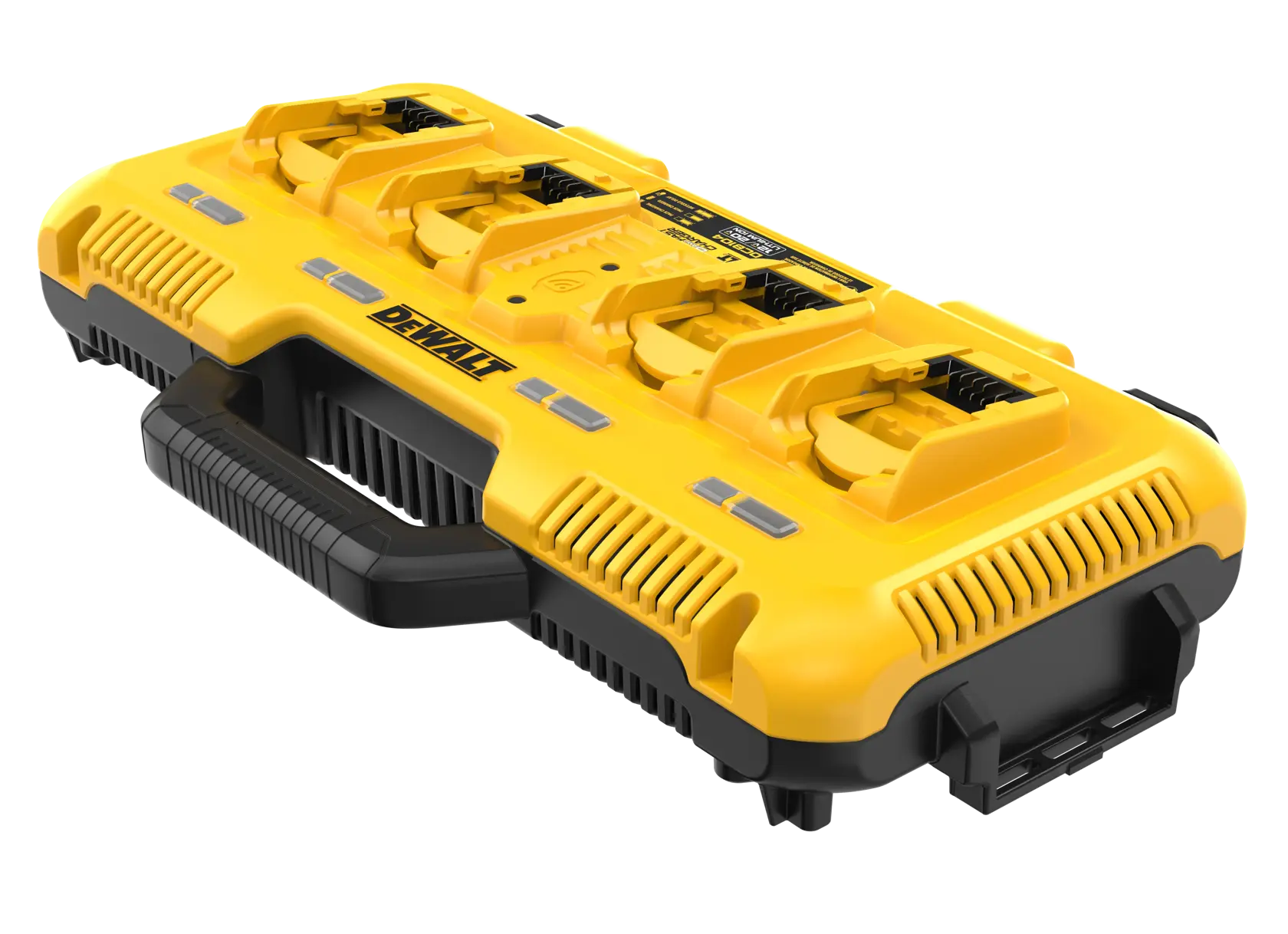 A DEWALT DCB104 yellow portable battery charger with four charging slots and a black handle, designed for power tool batteries.