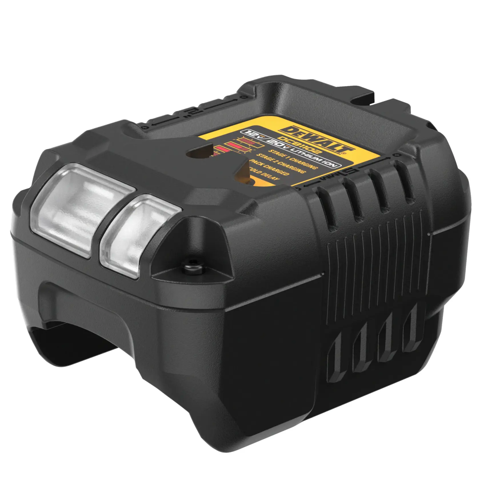 A black DEWALT DCB1102 battery charger for power tools, showing detailed design features and a yellow label with technical information on the top.