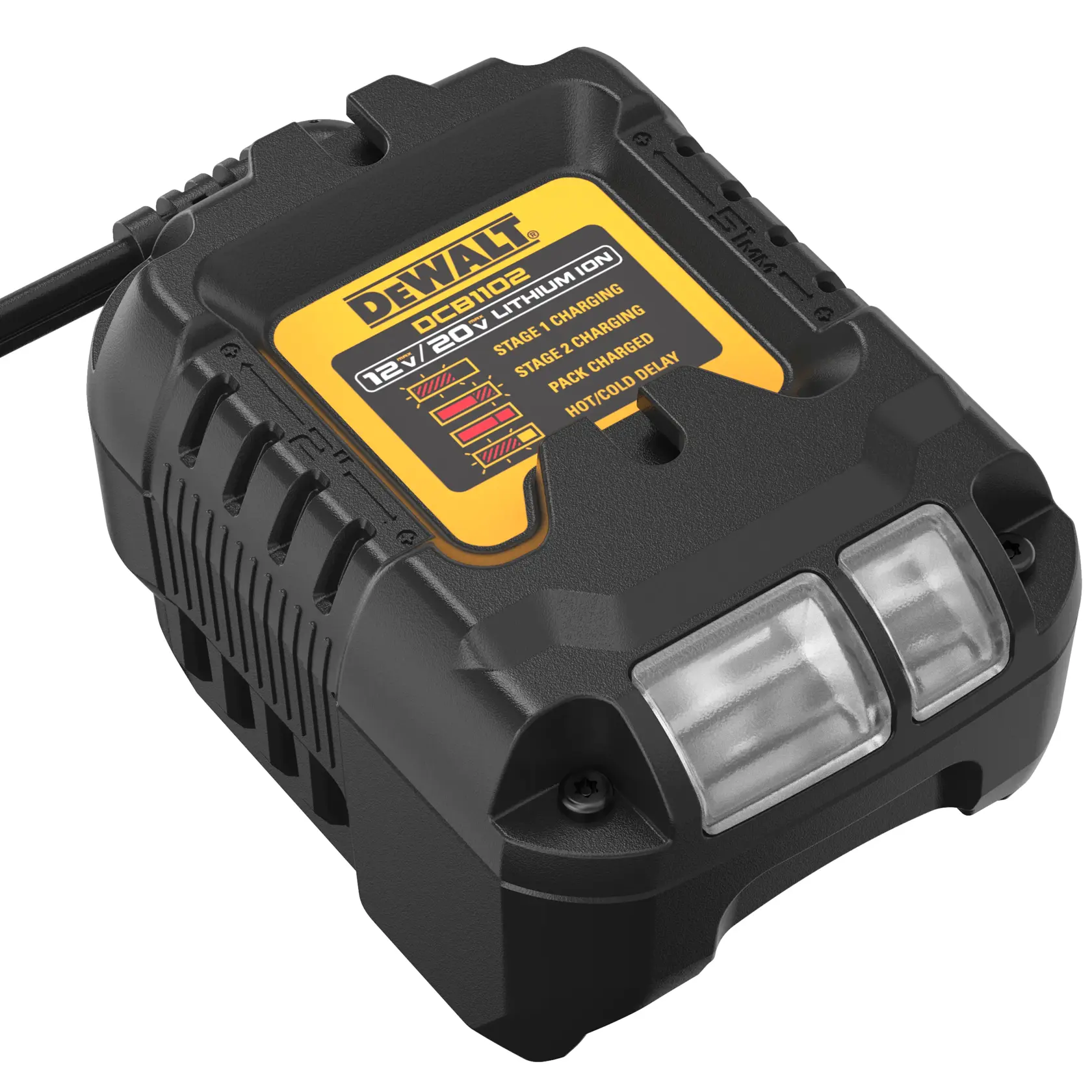 DEWALT DCB1102 battery charger for 12V and 20V lithium-ion batteries, black plastic housing with a yellow label displaying charging information, photographed on a white background.