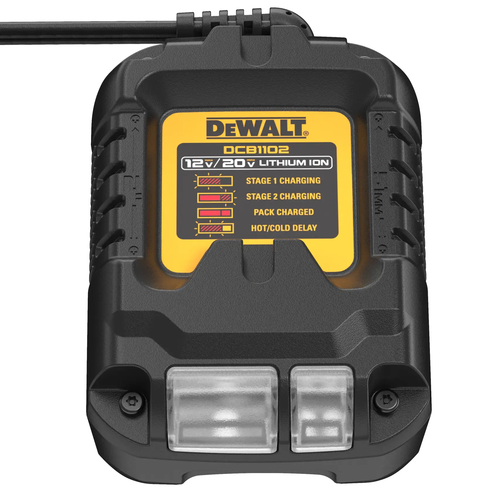 DEWALT DCB1102 battery charger for 12V/20V lithium-ion batteries, with indicator lights showing charging stages, pack charged, and hot/cold delay.
