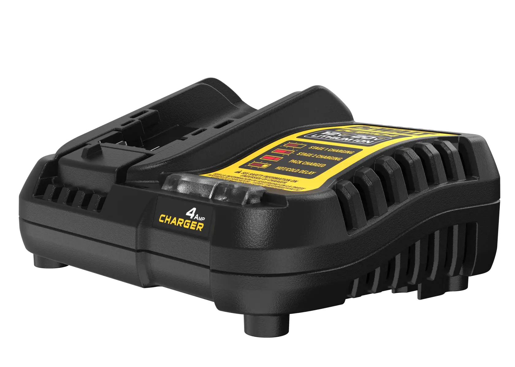 A DEWALT DCB1104 battery charger for 12V and 18V XR Li-Ion batteries, featuring a black and yellow design with indicator lights and labeled instructions on the top surface.