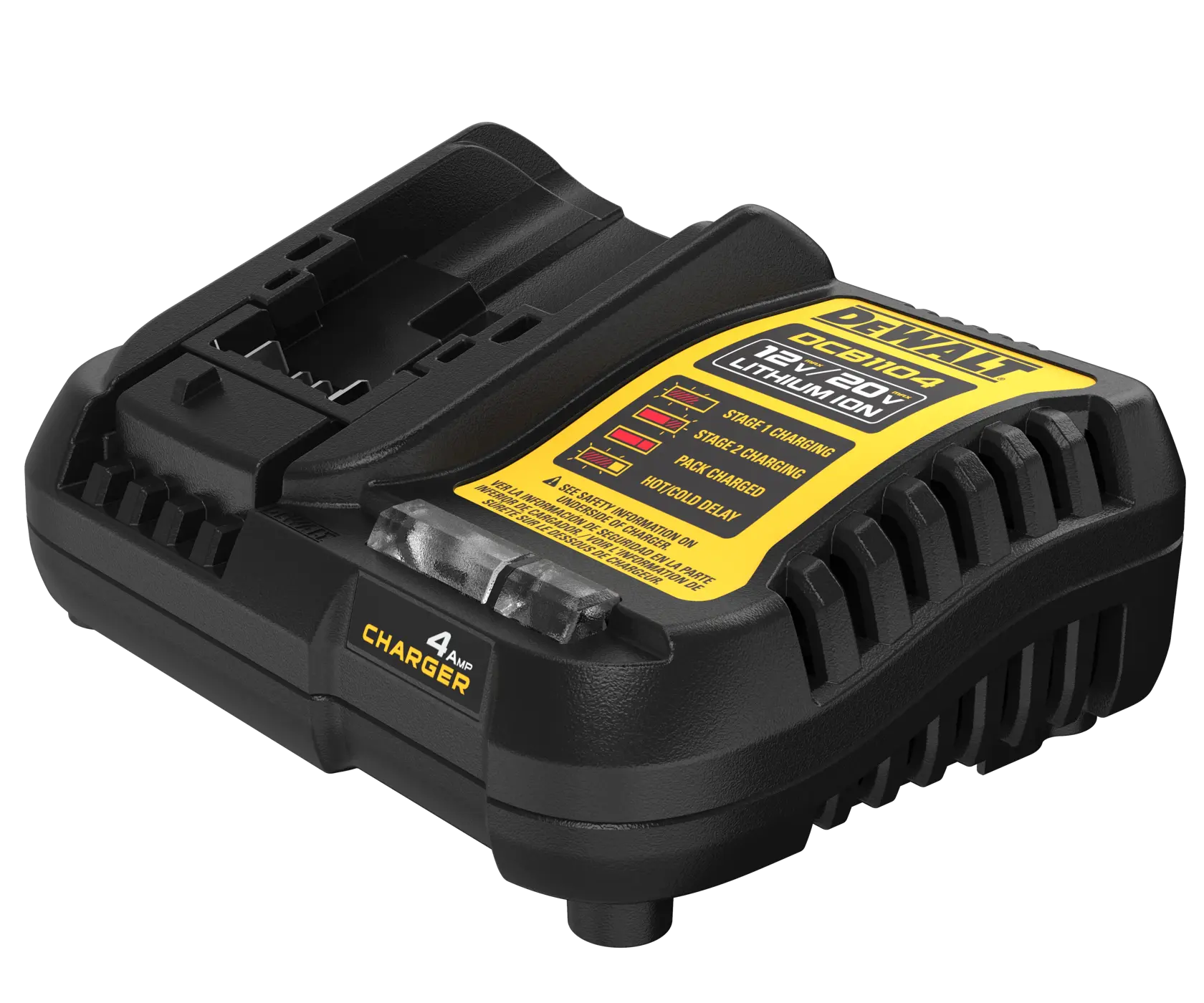 A DEWALT DCB1104 battery charger for 12V and 20V lithium-ion batteries. The charger is black with yellow labeling and features indicator lights on the top, along with '4 Amp Charger' written on the front side.