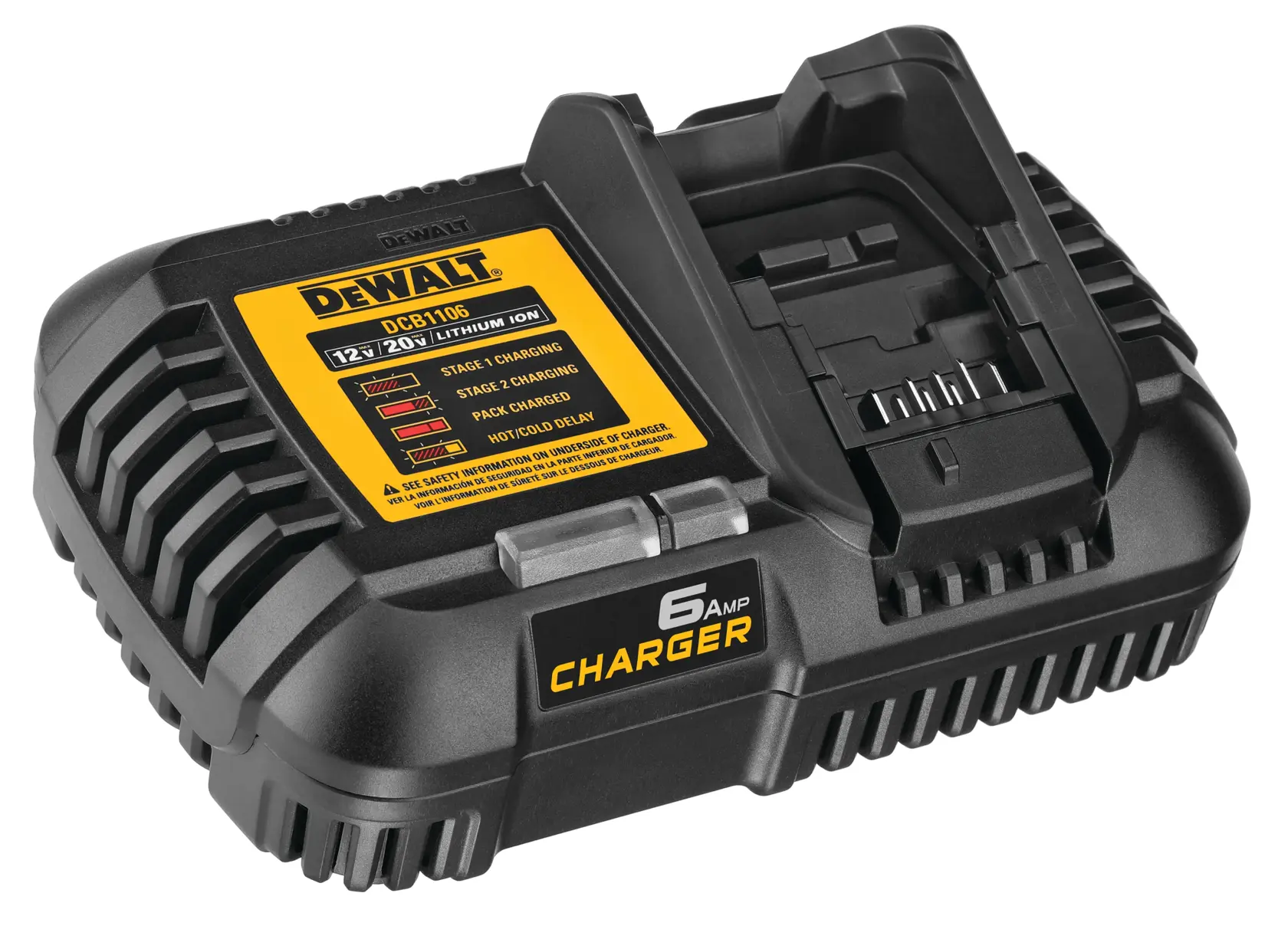 A black DEWALT DCB1106 battery charger with a yellow label, designed for charging 12V and 20V lithium-ion batteries. The charger features a 6 amp capacity and has an angled slot for battery insertion.