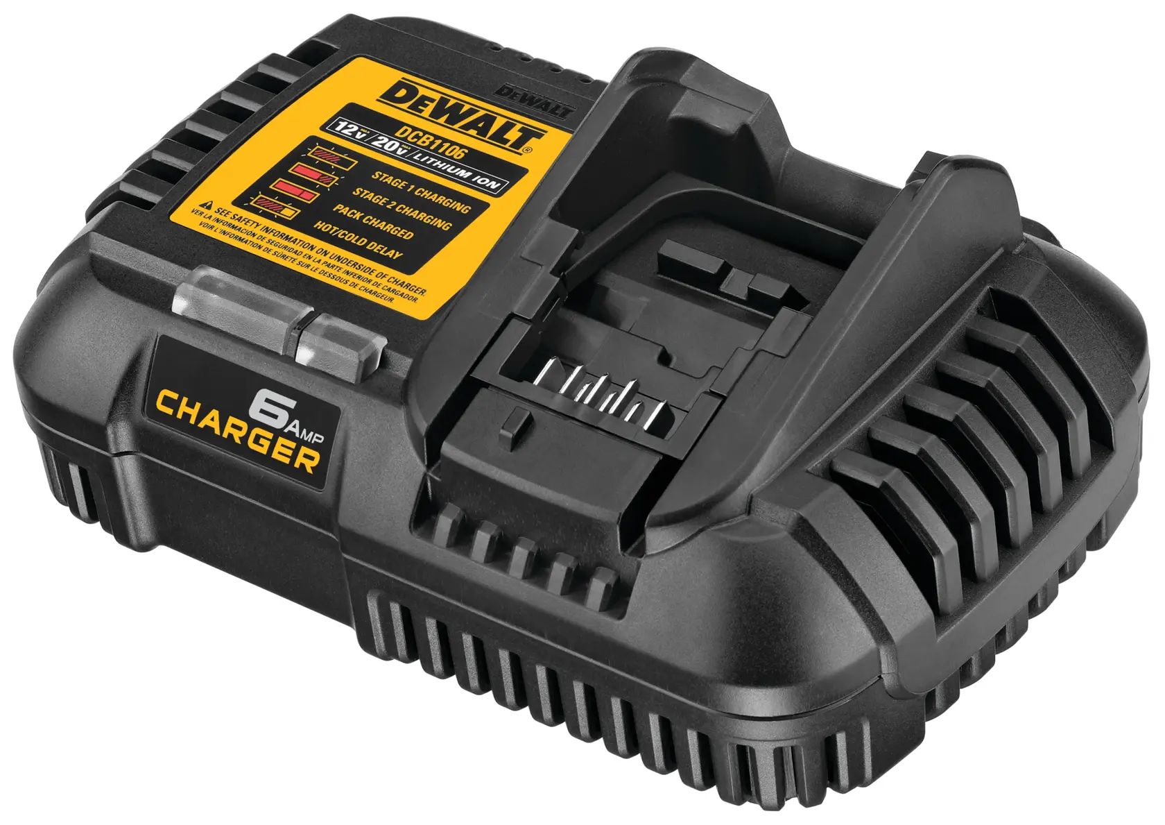 A DEWALT DCB1106 6 Amp battery charger, black with yellow label, designed for charging 12V and 20V lithium-ion batteries.