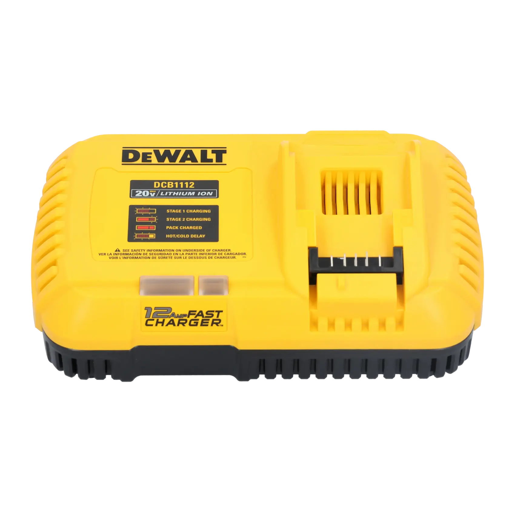 A DEWALT DCB1112 20V Lithium Ion 12 Amp Fast Charger. The charger is yellow with black accents and features indicator lights and labeled charging stages on the front. It is designed for charging DEWALT 20V batteries.