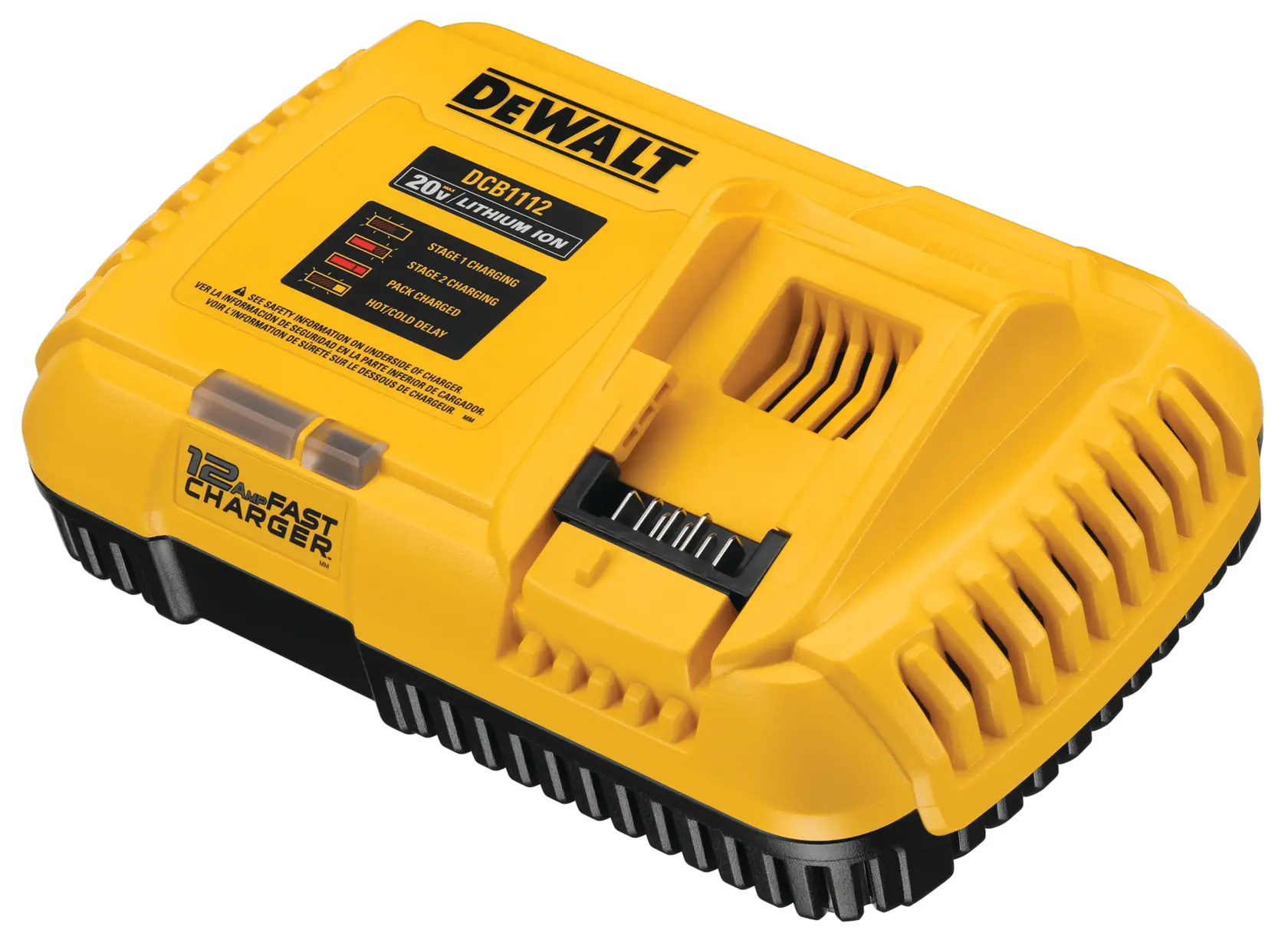 A yellow DEWALT DCB1112 20V lithium-ion battery charger, featuring fast charging capabilities and labeled with product details.