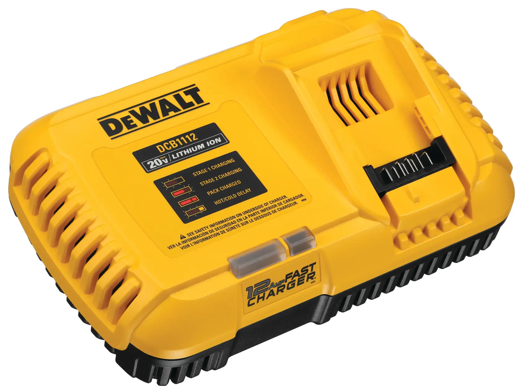 A yellow DEWALT DCB1112 20V lithium-ion battery charger with black accents and a slot for charging batteries, labeled as a 12 Amp fast charger.