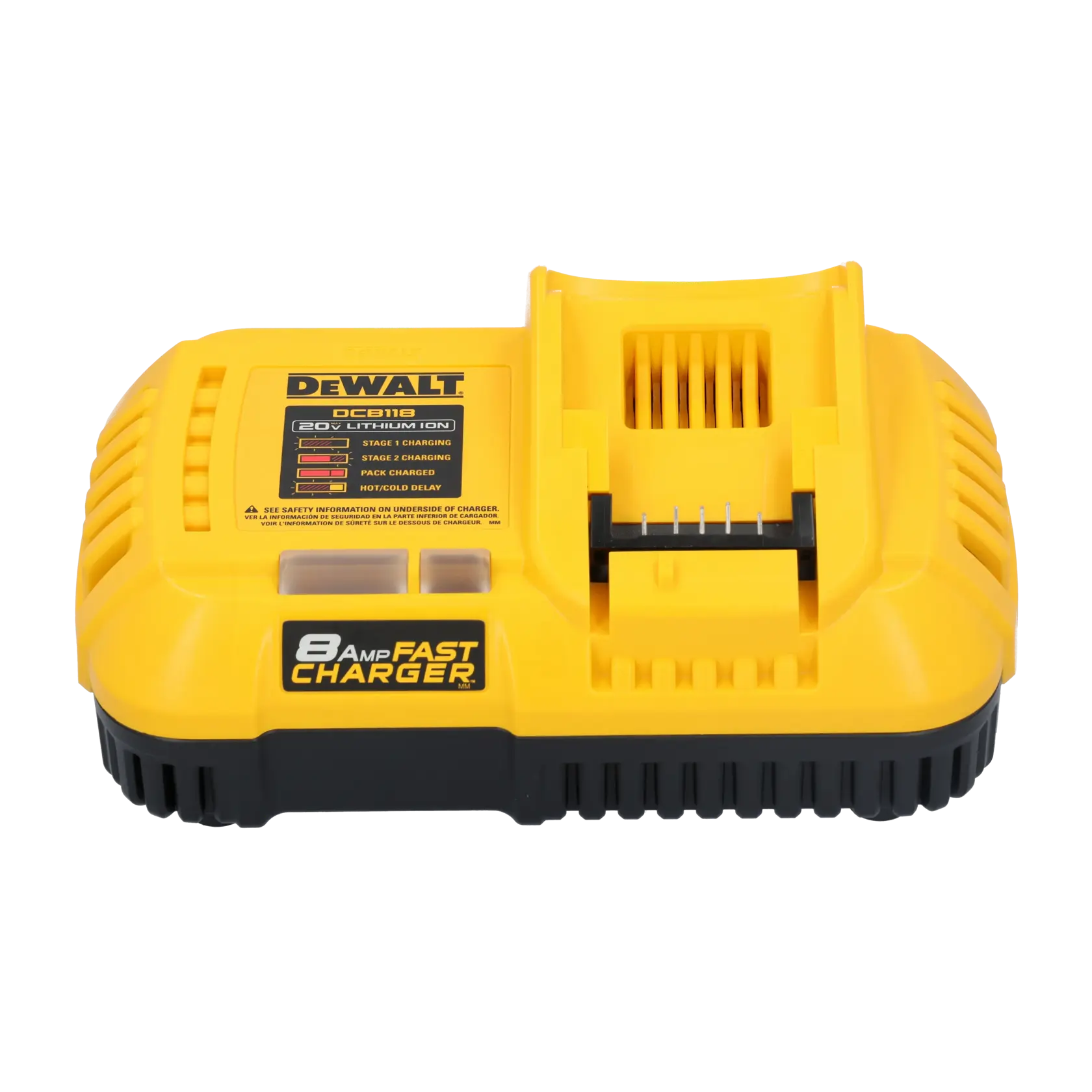 A DEWALT DCB118 20V lithium-ion fast battery charger, featuring a bright yellow and black design with '8 AMP FAST CHARGER' label on the front.