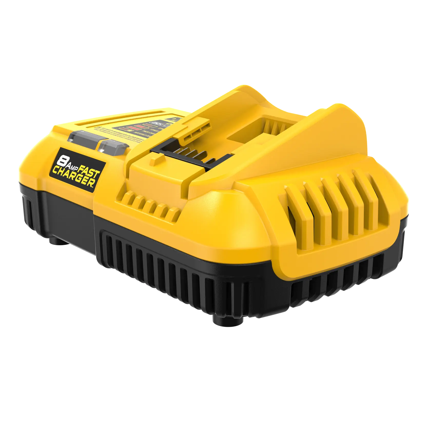 A DEWALT DCB118 8 Amp fast charger for power tool batteries, featuring a yellow and black casing and visible vents for cooling.