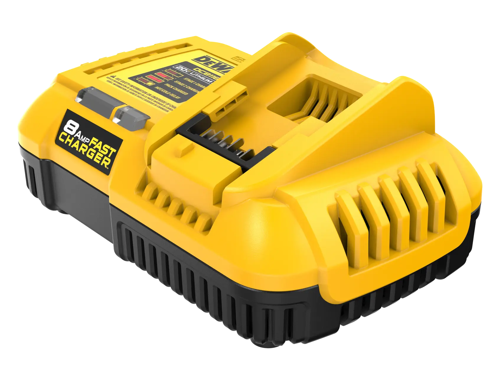 A yellow and black DEWALT 8 amp fast battery charger for power tools, shown from an angled perspective.