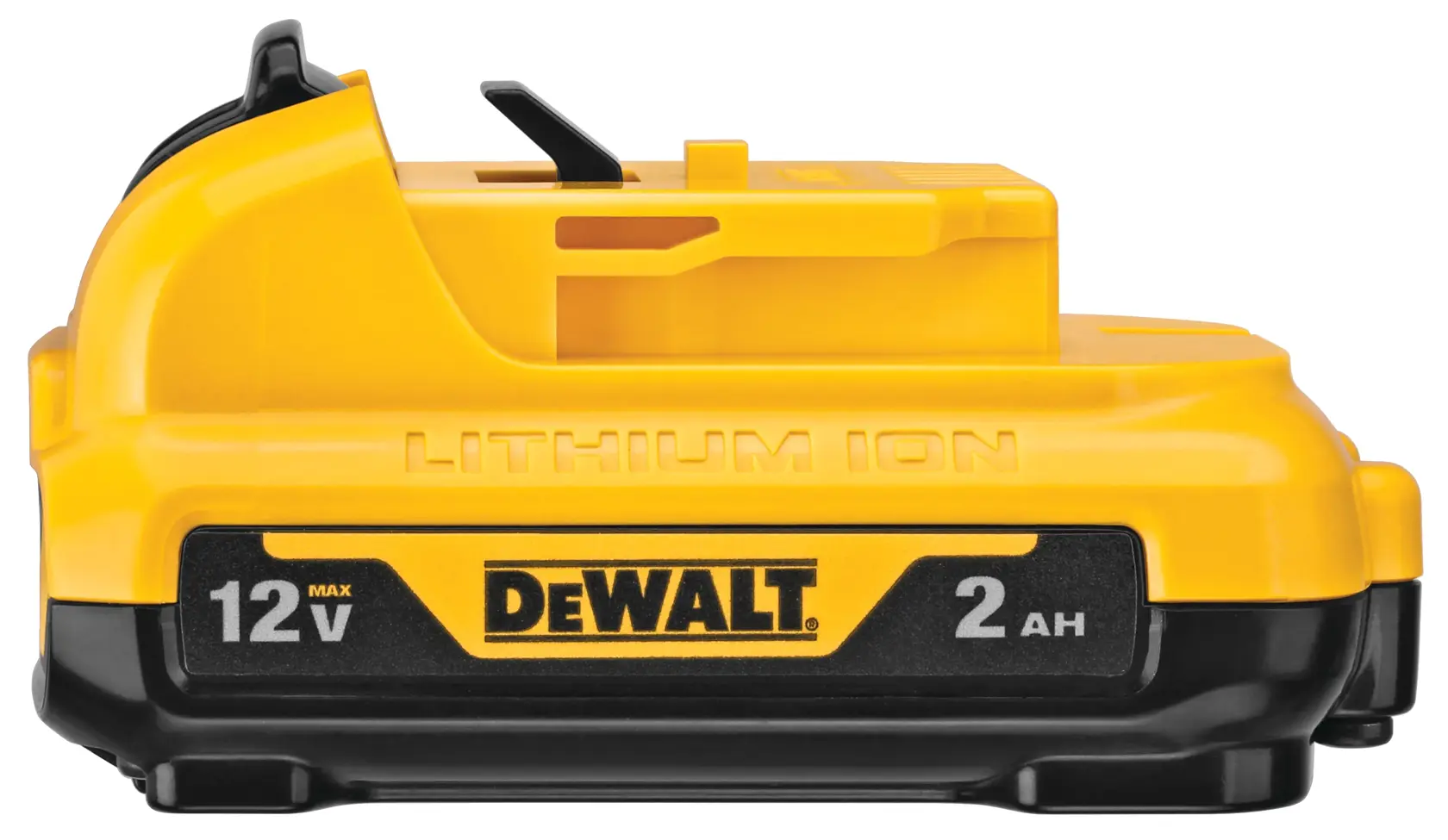 A DEWALT 12V MAX lithium ion battery pack with a capacity of 2Ah, shown in a close-up view against a white background.
