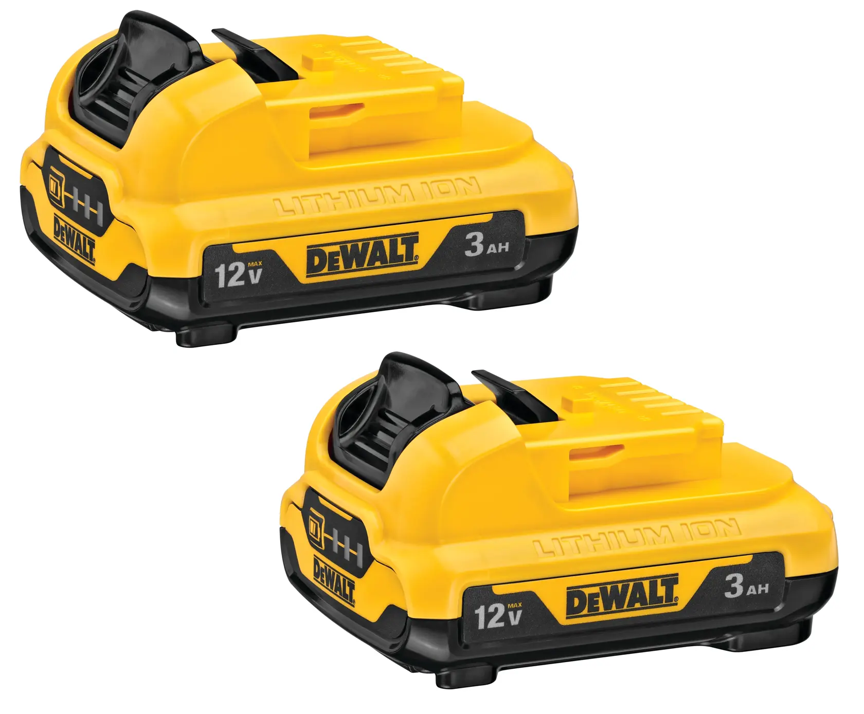 Two DEWALT 12V lithium-ion batteries with 3Ah capacity, shown side by side on a white background. The batteries are yellow and black with DEWALT branding.