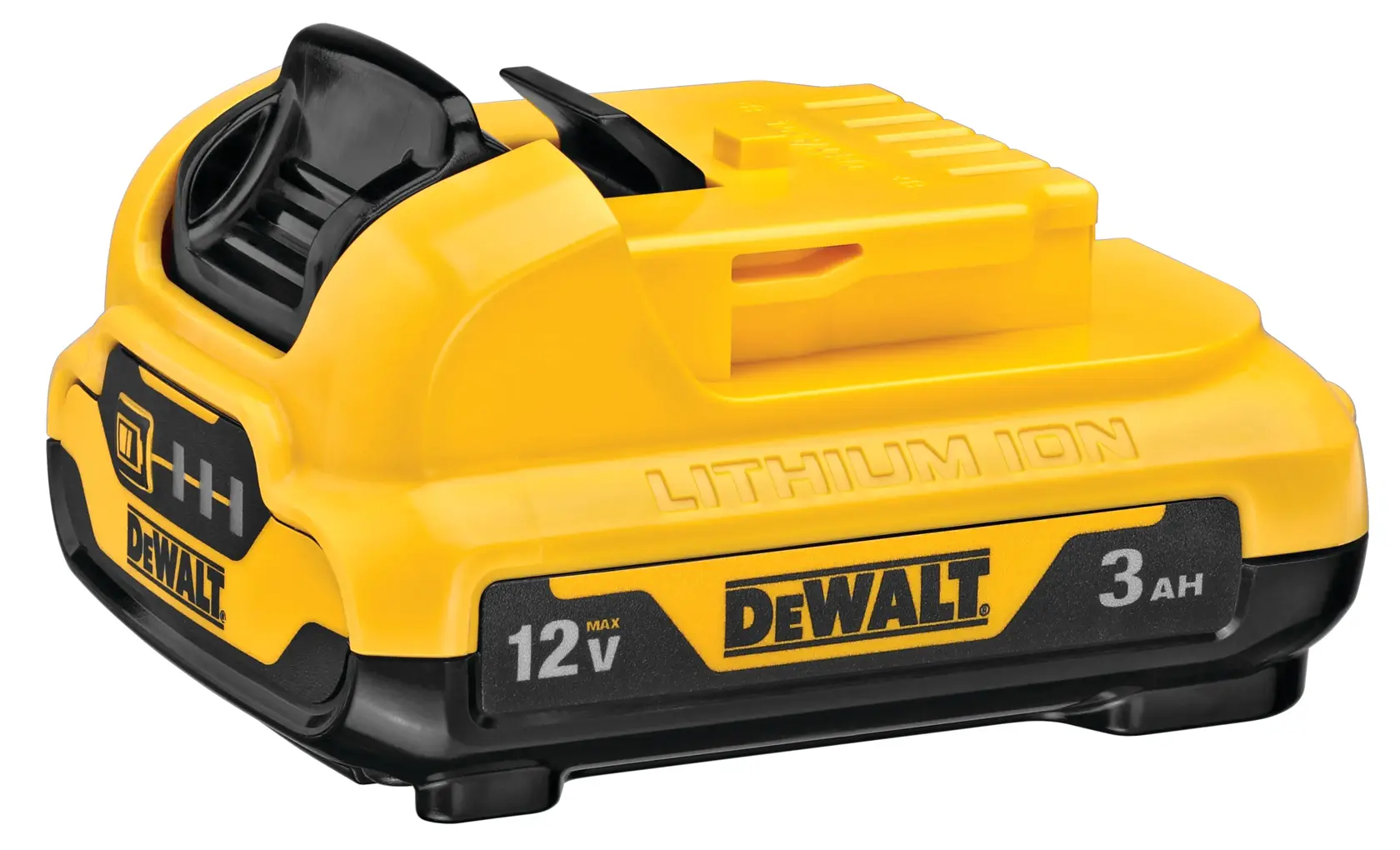 A DEWALT 12V lithium-ion battery pack model DCB124 with a 3 amp-hour capacity, featuring a yellow and black design.