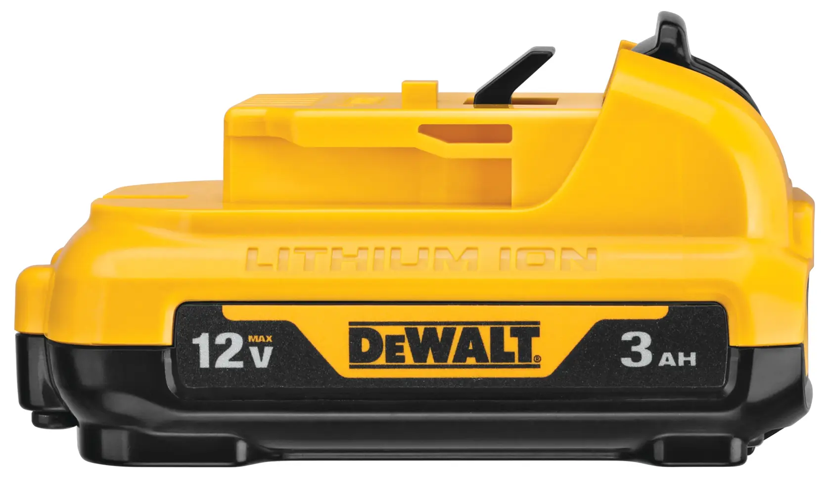 A DEWALT 12V lithium-ion battery pack with a 3 amp-hour capacity, predominantly yellow and black in color, shown from the side.