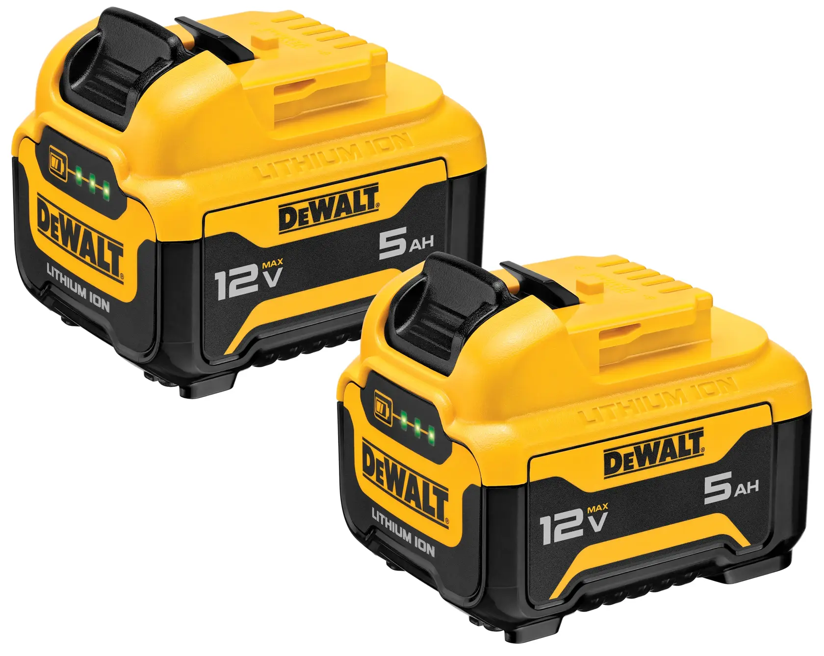 Two DEWALT 12V MAX 5Ah lithium-ion batteries, shown side by side, featuring yellow and black casing with visible charge indicator lights.