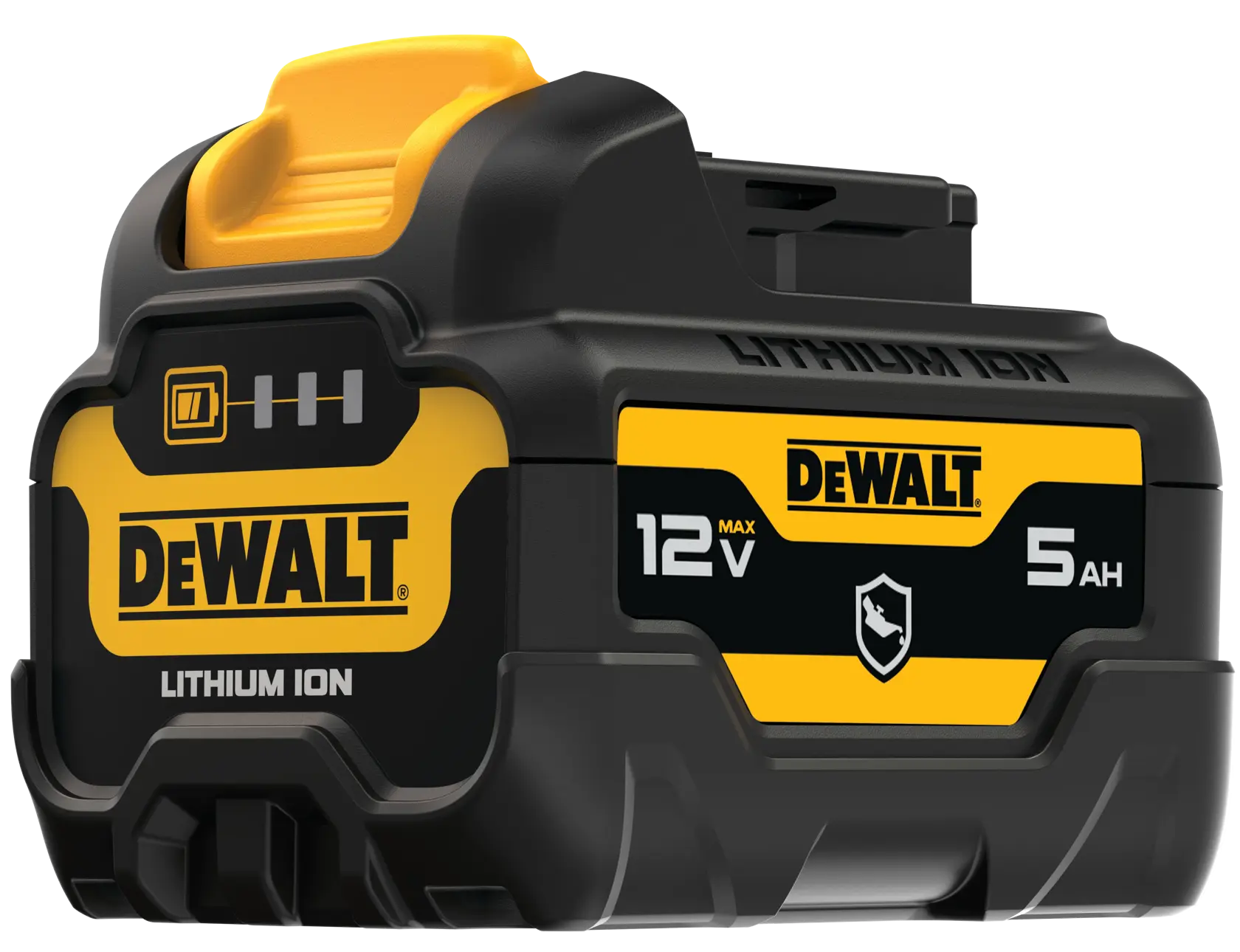Close-up image of a DEWALT 12V MAX lithium-ion battery with a capacity of 5 amp-hours. The battery is black and yellow, featuring the DEWALT logo, battery status indicator, and technical specifications.