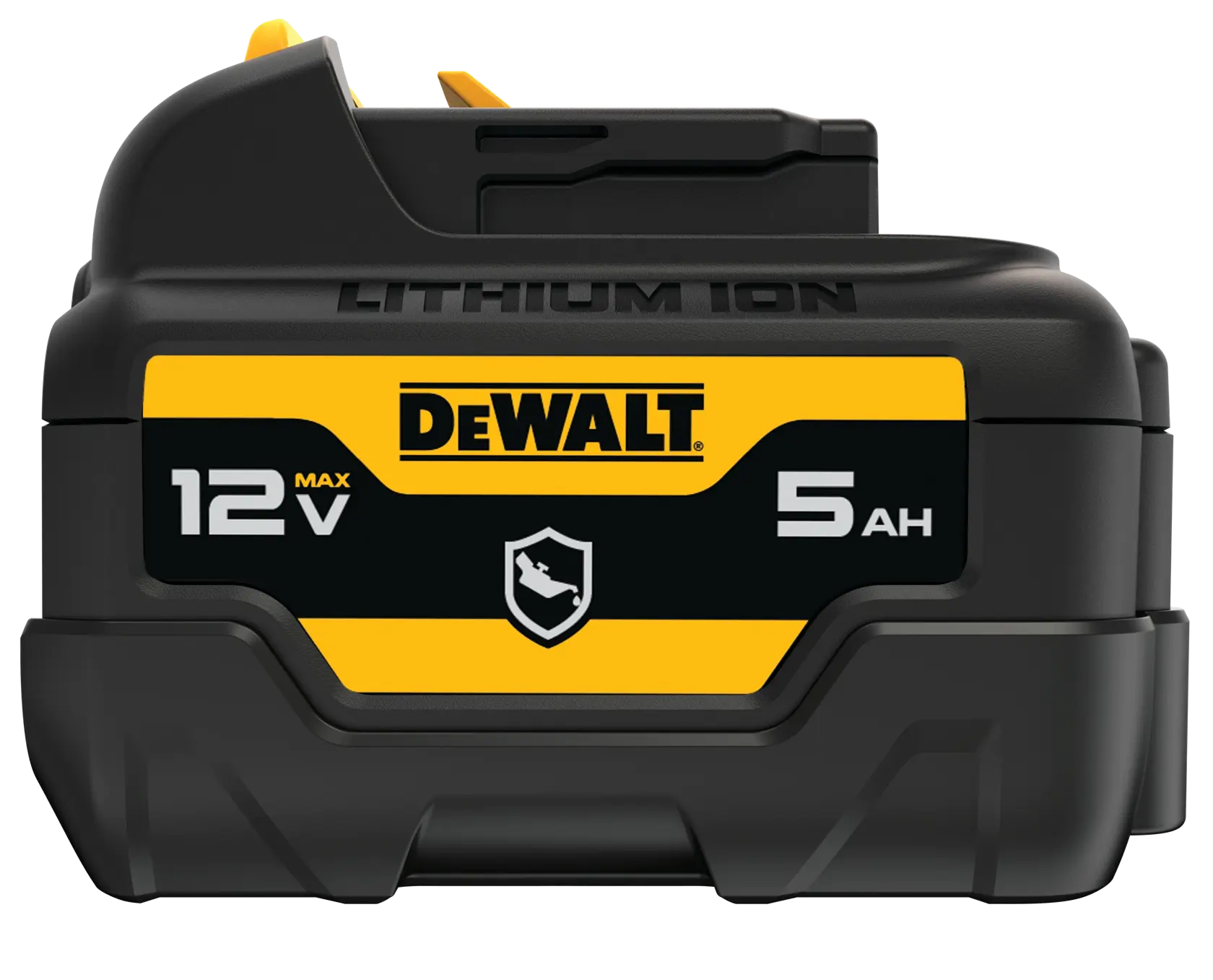 A DEWALT 12V MAX 5Ah lithium-ion battery, shown with a black and yellow design, suitable for power tools.