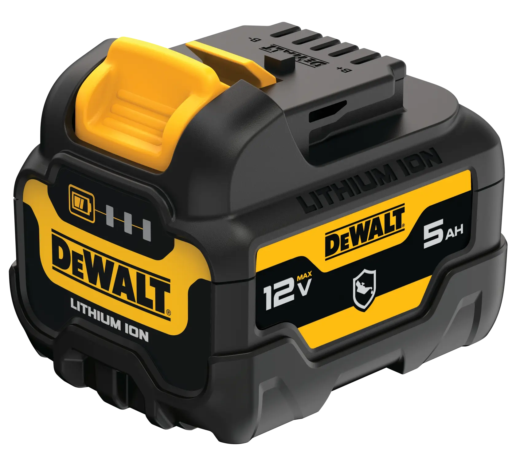 A DEWALT 12V Max lithium ion battery pack with 5 amp-hour capacity. The battery features a yellow and black design, DEWALT branding, and indicator lights on the front.