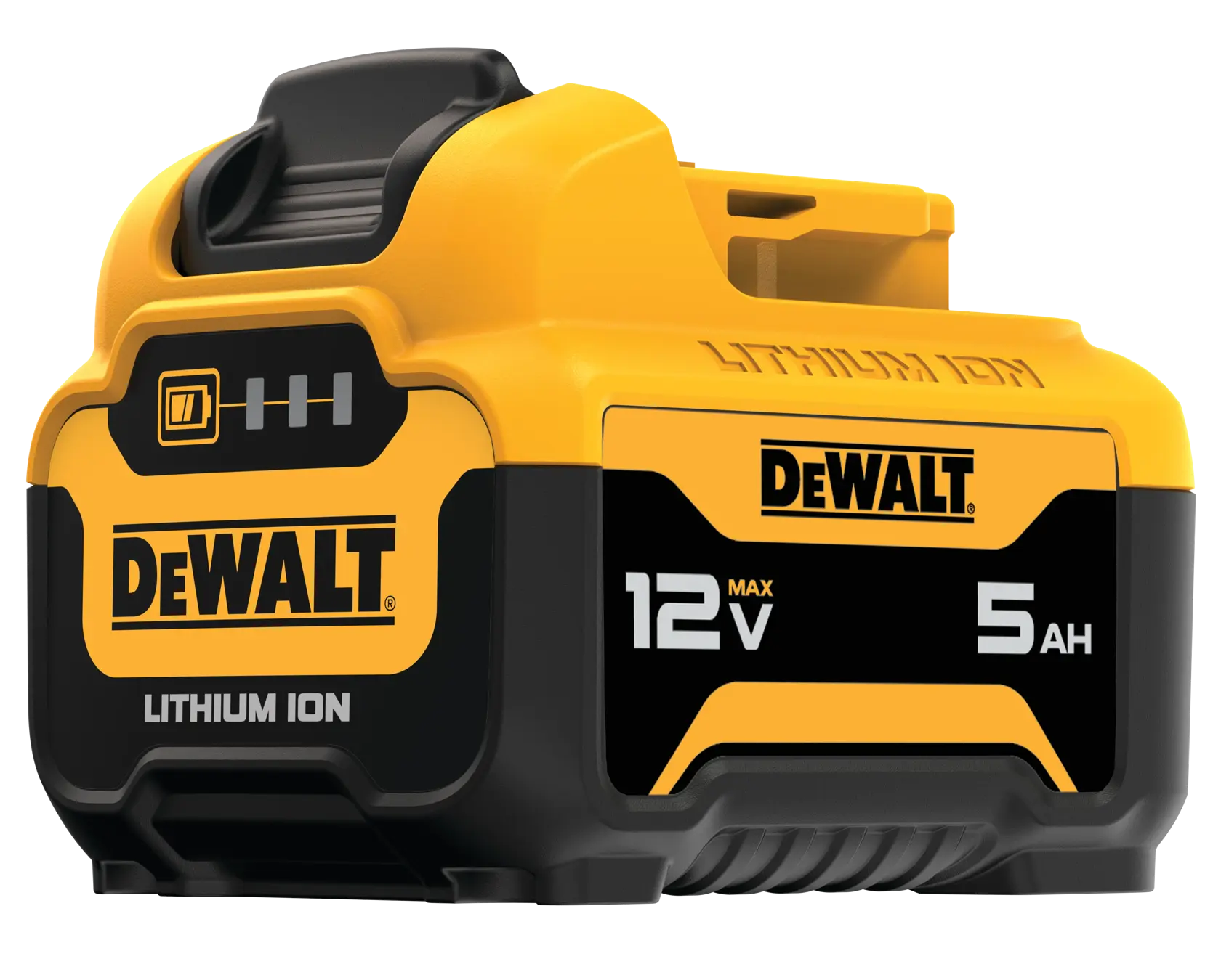 A close-up image of a DEWALT 12V MAX lithium ion battery pack with 5Ah capacity. The battery is yellow and black with the DEWALT logo and specifications prominently visible.