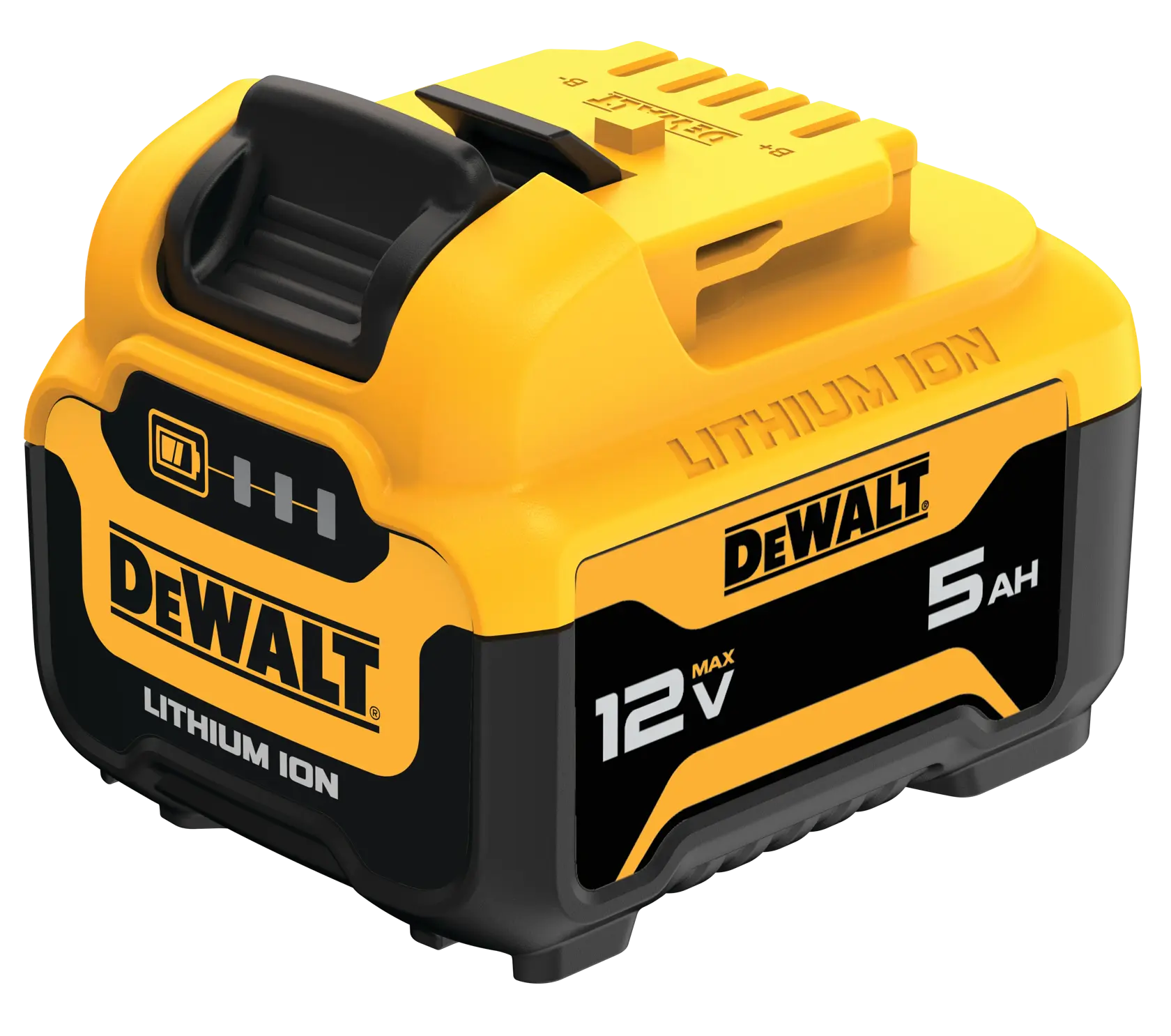 A DEWALT branded lithium ion battery, model DCB126, with specifications of 12V max and 5Ah. The battery is mostly yellow and black, with visible branding and markings, designed for use with DEWALT power tools.