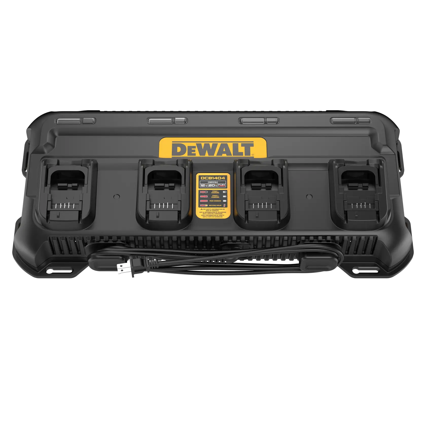 A DEWALT DCB1404 four-port battery charger, shown from the front with four charging slots and a power cord, used for charging multiple tool batteries simultaneously.