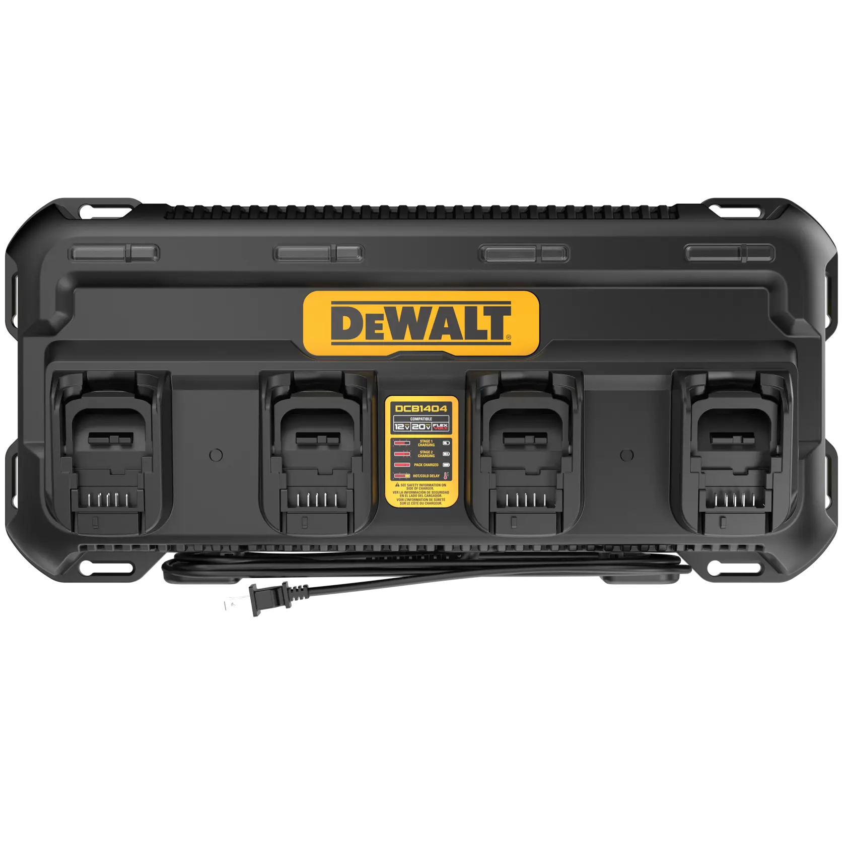 A DEWALT DCB1404 four-port battery charger for 12V and 20V batteries, shown from the top with four charging slots and a power cord.