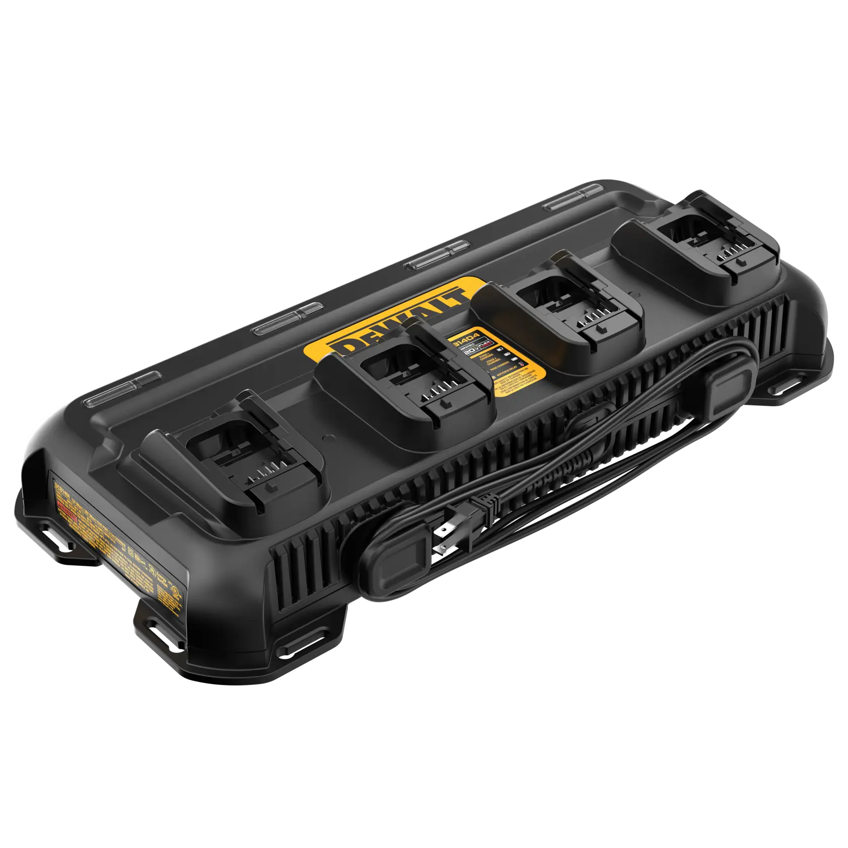 A DEWALT multi-port battery charger with four charging slots, designed for charging power tool batteries. The charger is black with yellow DEWALT branding, and features a wrapped power cord.