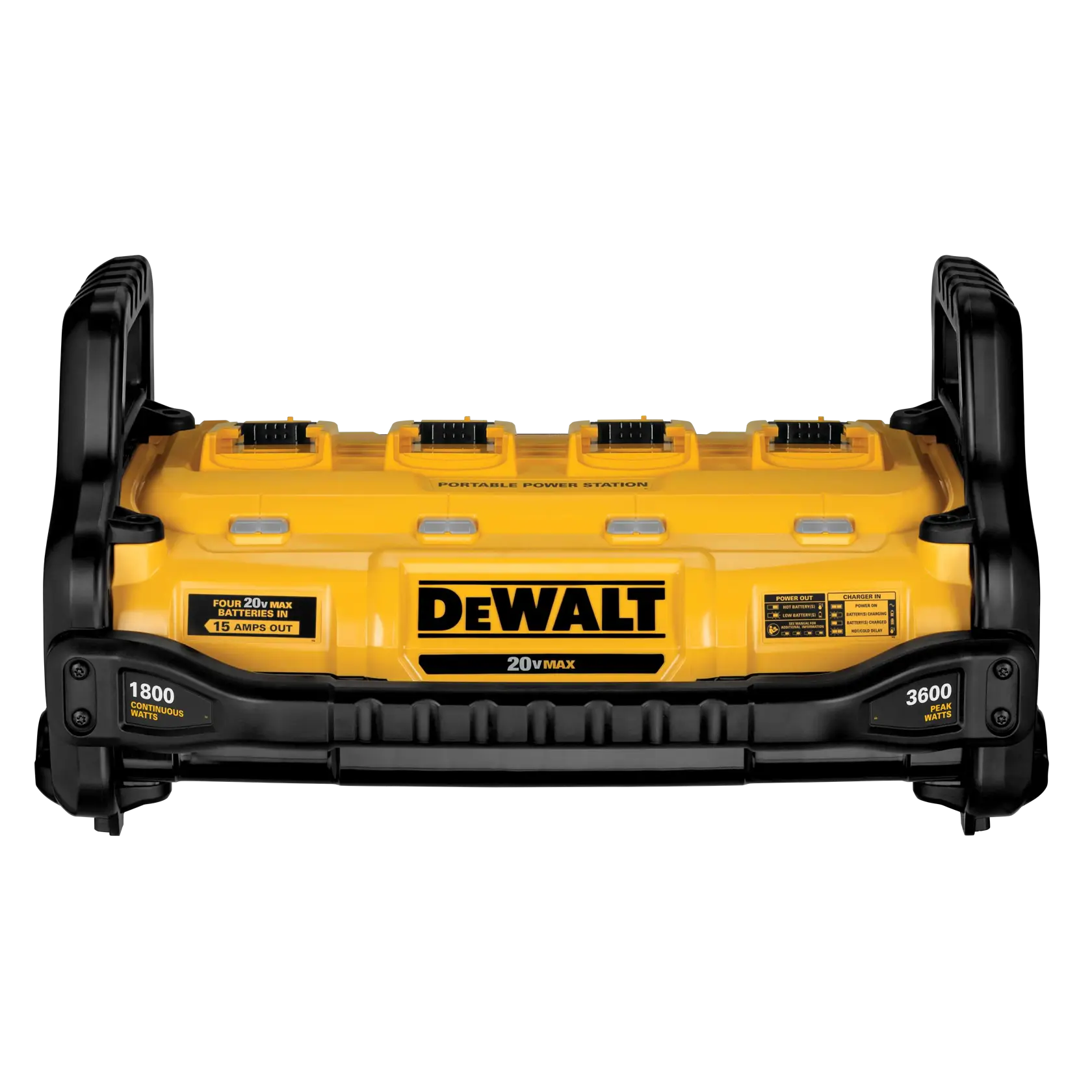 Front view of a DEWALT 20V MAX portable power station, featuring four battery slots on top, a black and yellow body, and labeled with 1800 continuous watts and 3600 peak watts.
