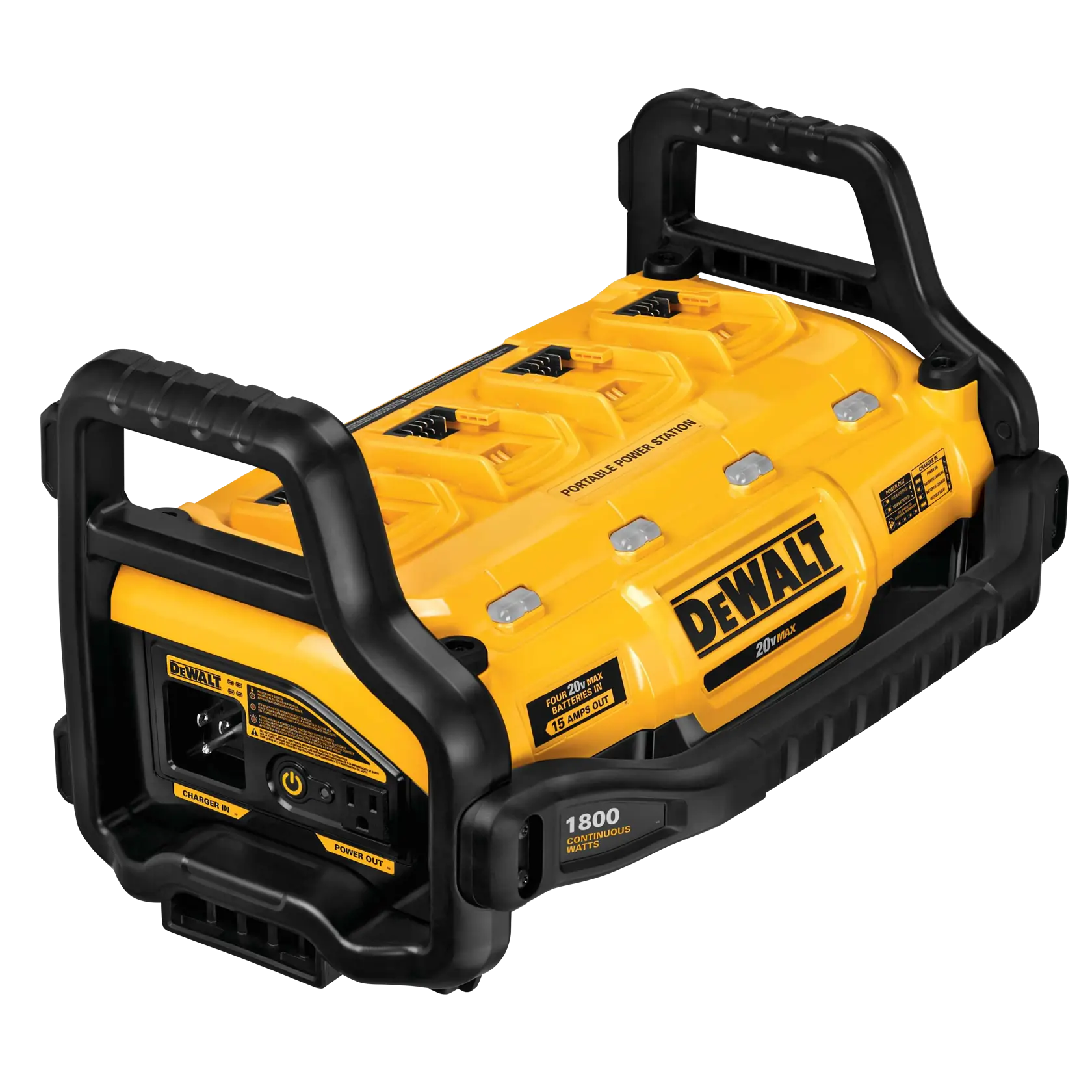 A DEWALT portable power station with black handles and a yellow body, featuring multiple outlets and switches. The unit is labeled with '20V MAX' and '1800 continuous watts.'