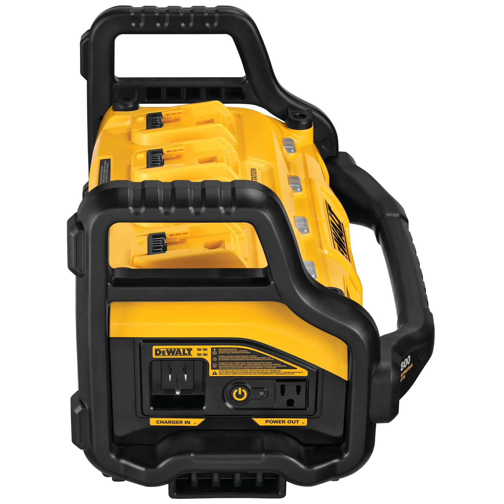 A DEWALT portable power station and battery charger, featuring multiple battery slots and outlets, with a yellow and black durable design and carrying handles.