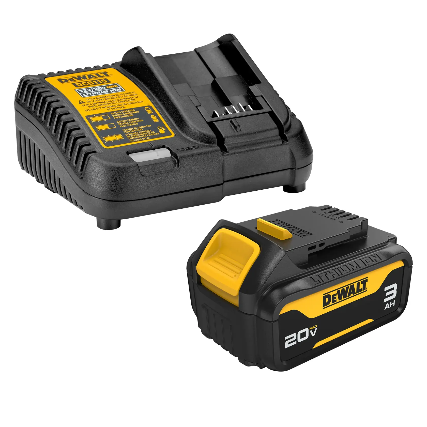 A DEWALT 20V lithium-ion battery and charger set, featuring a black and yellow design. The battery is labeled as 3 amp hours and the charger displays technical information on a yellow label.