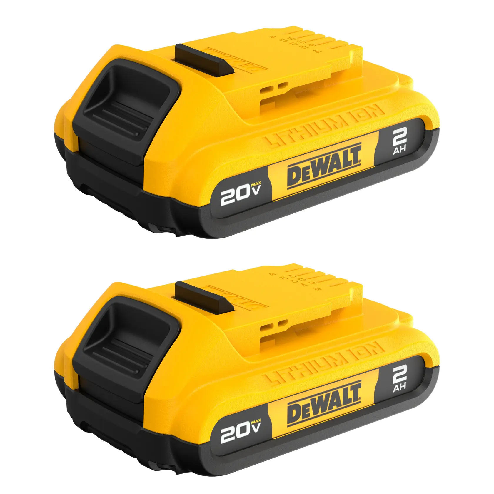 Two DEWALT 20V Max lithium ion batteries, 2 amp hour capacity, shown side by side. The batteries are yellow and black with the DEWALT logo visible.