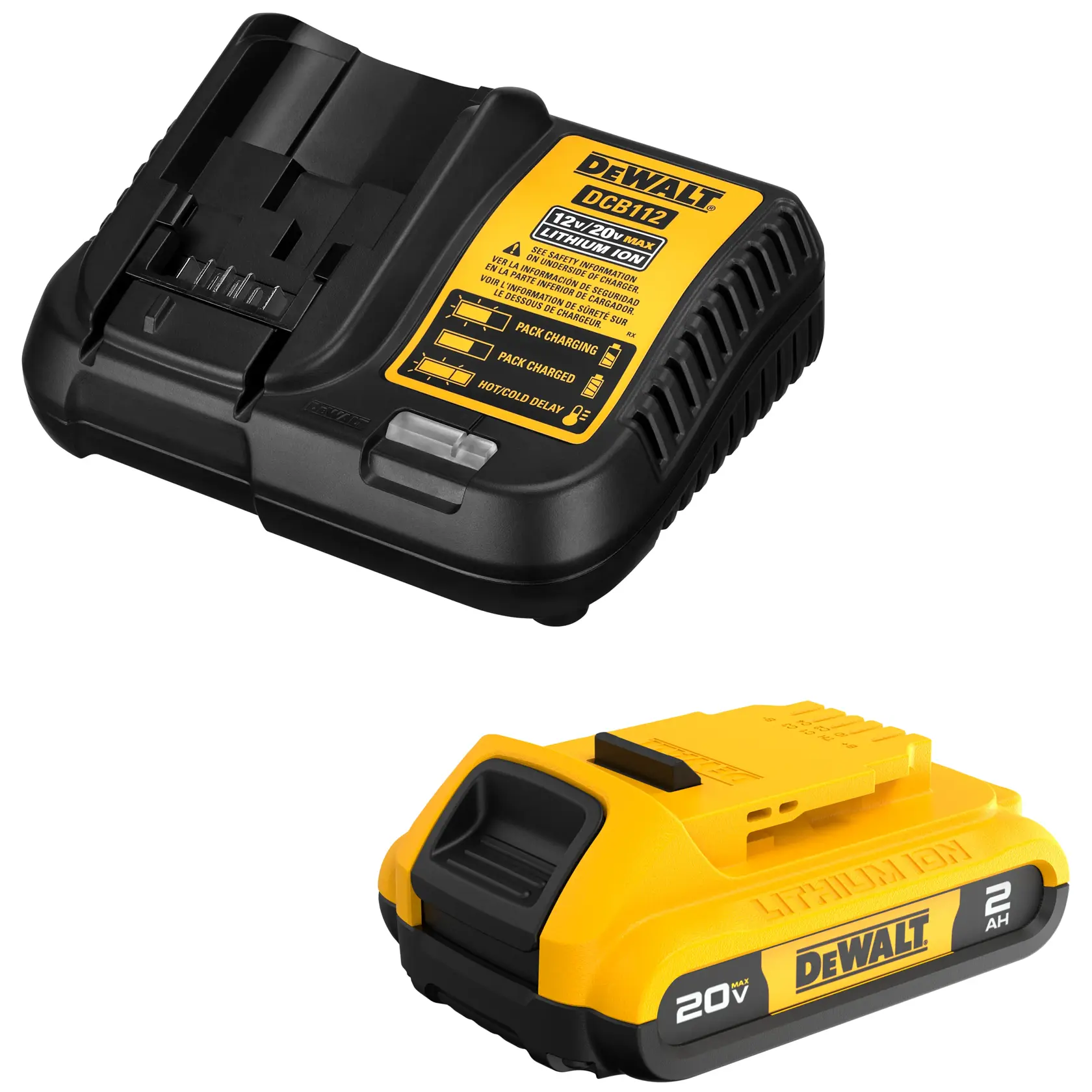 A DEWALT 20V MAX lithium-ion battery pack and charger set. The charger is black with yellow labeling and the battery pack is yellow and black labeled with 20V and 2AH.