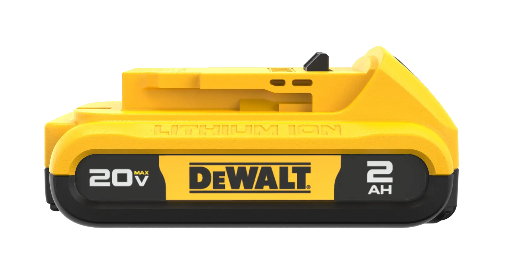 A yellow and black DEWALT 20V MAX lithium-ion battery with a capacity of 2 amp hours, model DCB203, shown on a white background.