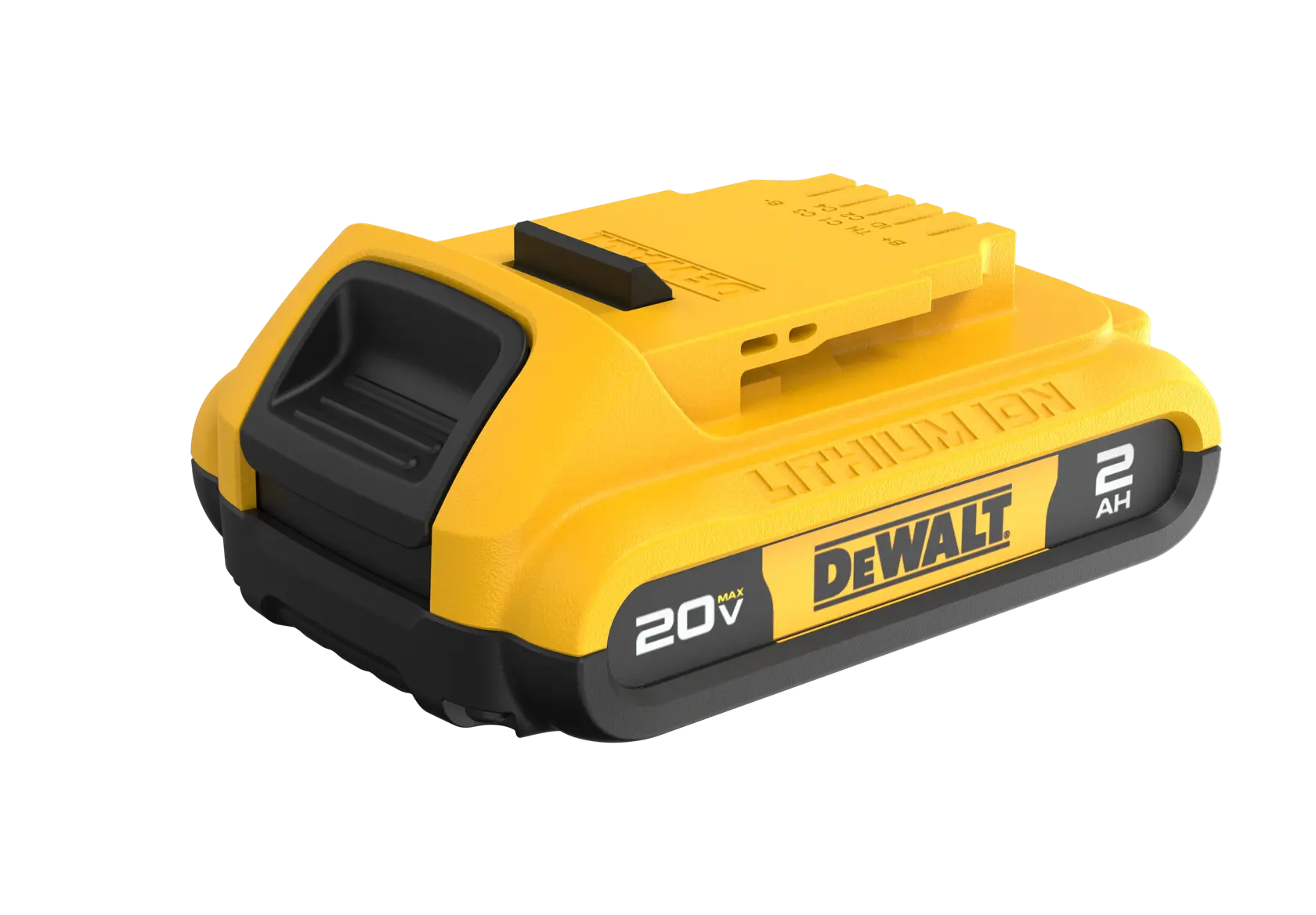 A yellow and black DEWALT 20V MAX lithium-ion battery pack, model DCB203, with a capacity of 2 Ah.