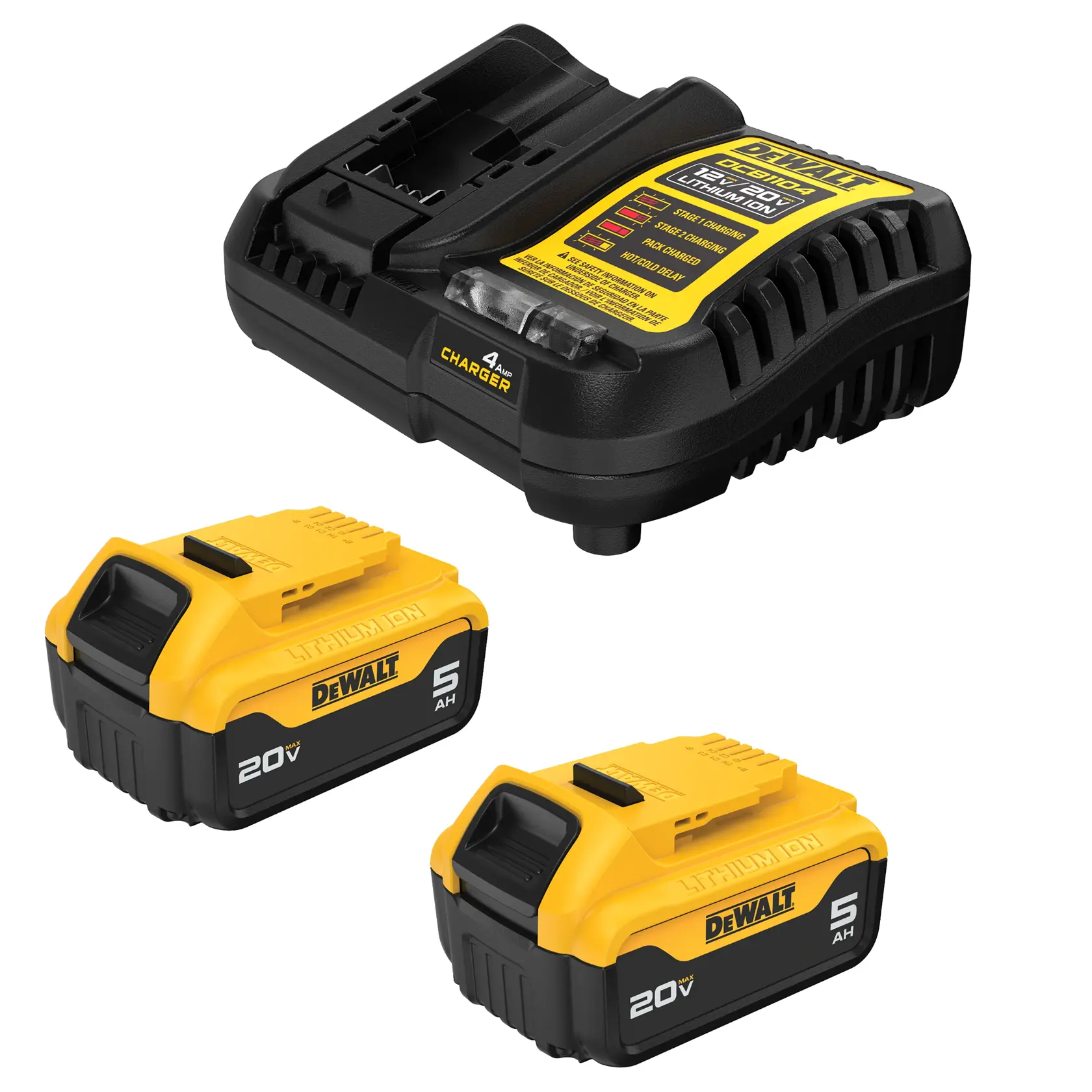 DEWALT DCB205-2C product showing a 20V lithium-ion battery charger and two 20V, 5Ah DEWALT lithium-ion batteries, all in black and yellow.
