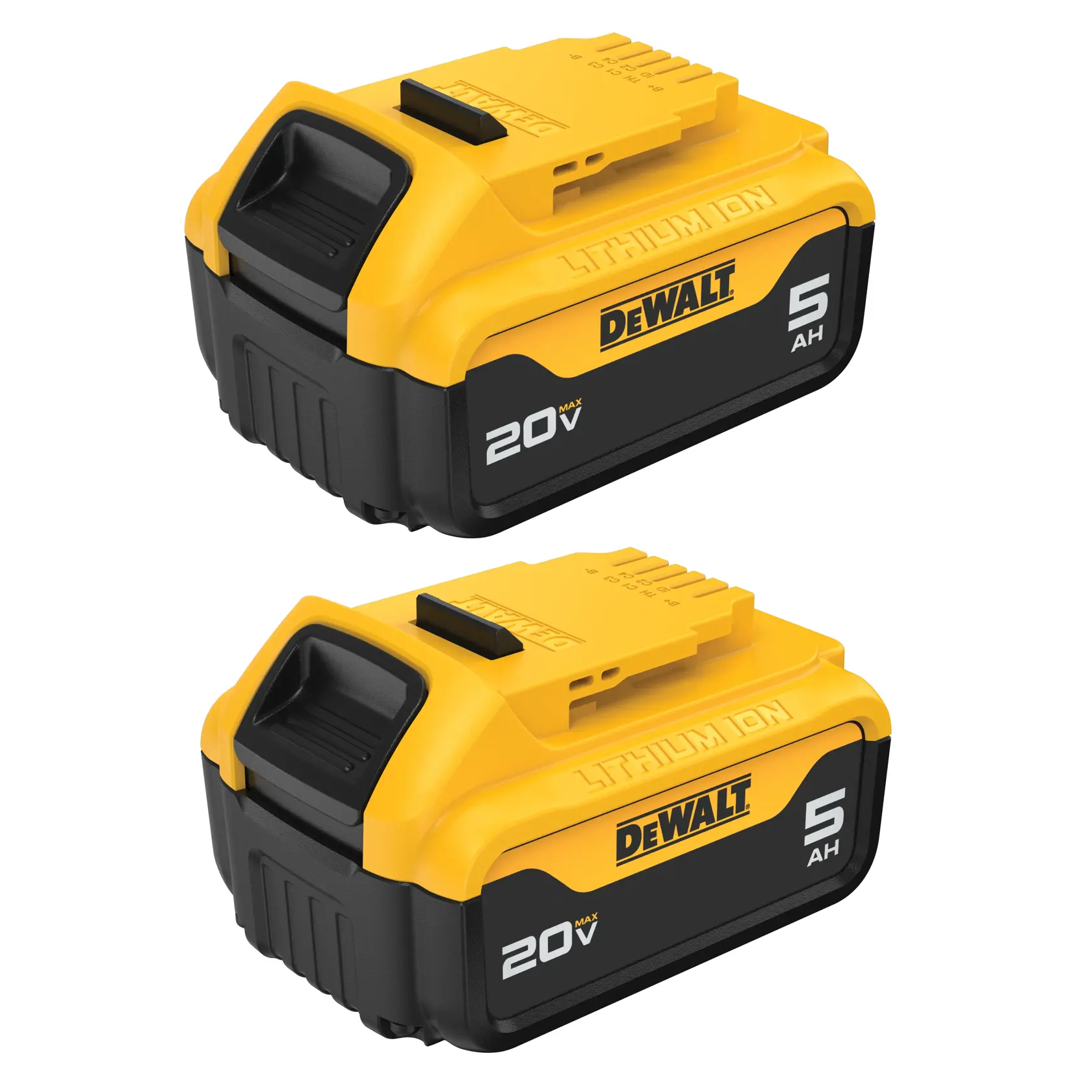Two DEWALT 20V Max 5Ah Lithium Ion power tool batteries are shown, featuring a yellow and black design with branding on the side.