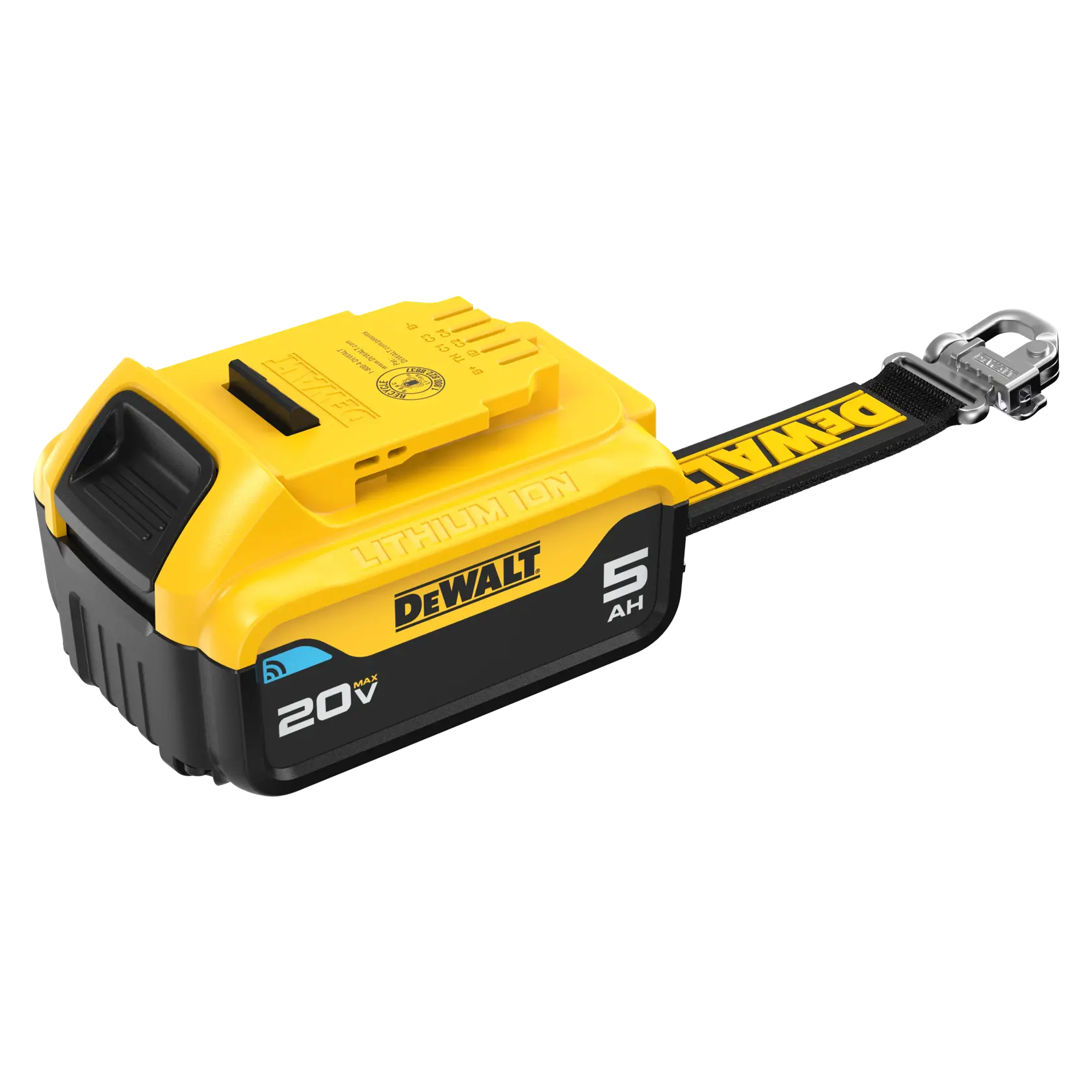 A DEWALT branded 20V lithium ion battery pack with 5 amp-hour capacity, featuring a yellow and black design and a DEWALT labeled strap with a metal clip attached.