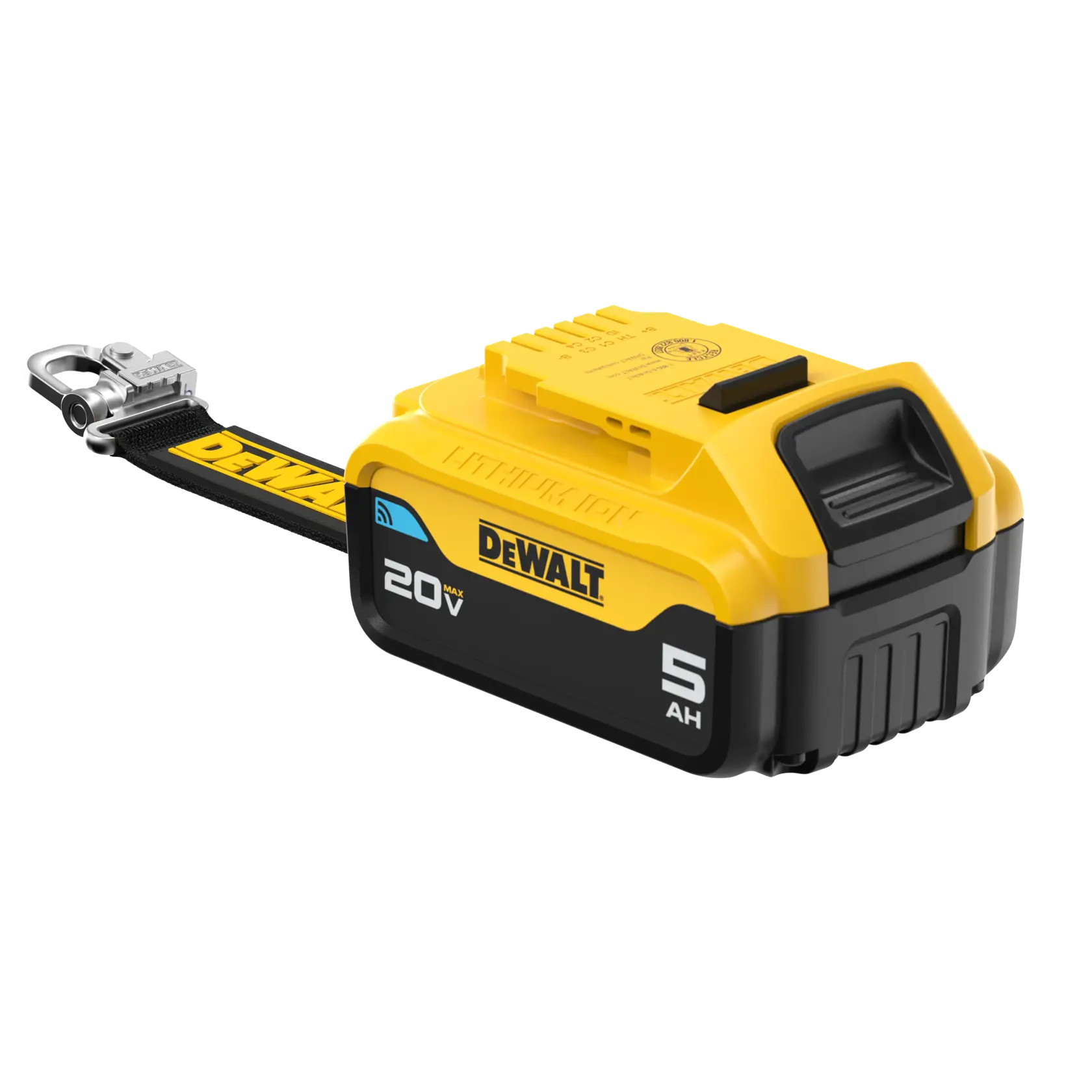 A DEWALT 20V MAX 5Ah lithium-ion battery pack with a yellow and black design, featuring a DEWALT branded strap and a metal clip attachment.