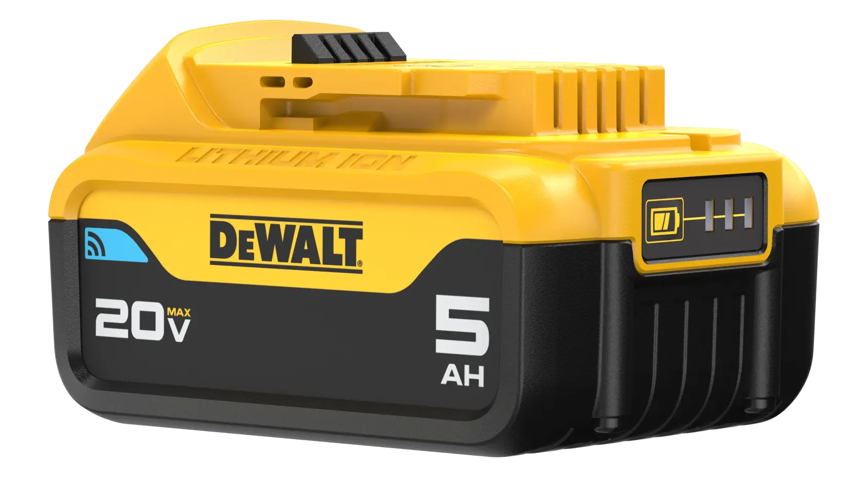 A DEWALT branded 20V MAX lithium ion battery with 5 AH capacity. The battery is yellow and black with a charge indicator on the side.