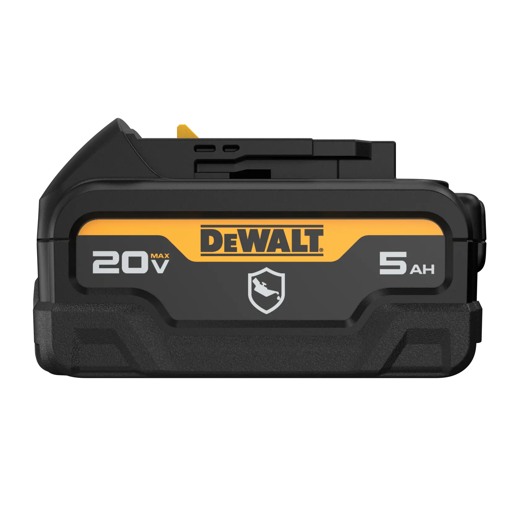 Front view of a DEWALT 20V MAX 5Ah lithium-ion battery, black with yellow accents, used for power tools.