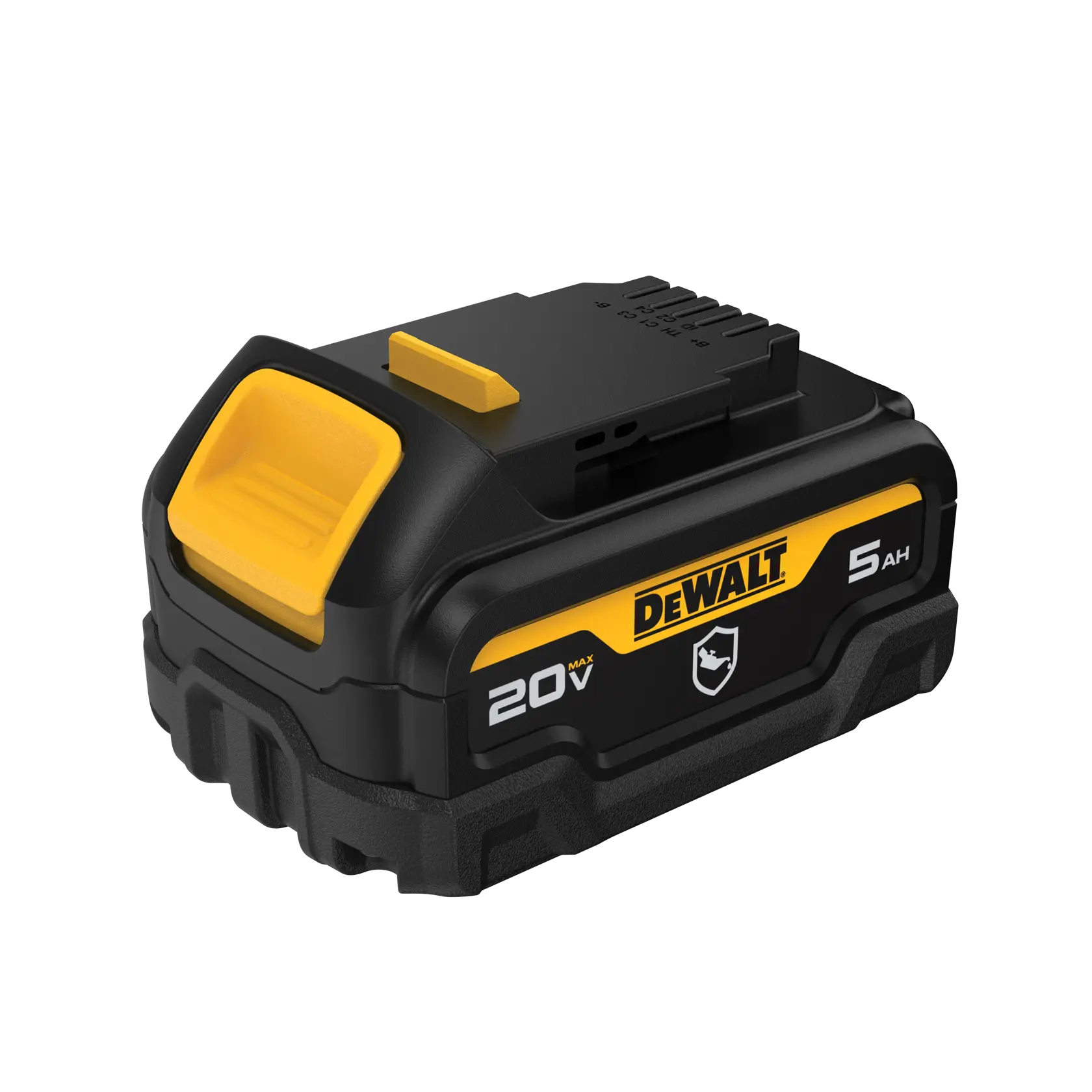 A DEWALT 20V MAX 5Ah rechargeable battery pack, black with yellow details, suitable for power tools.