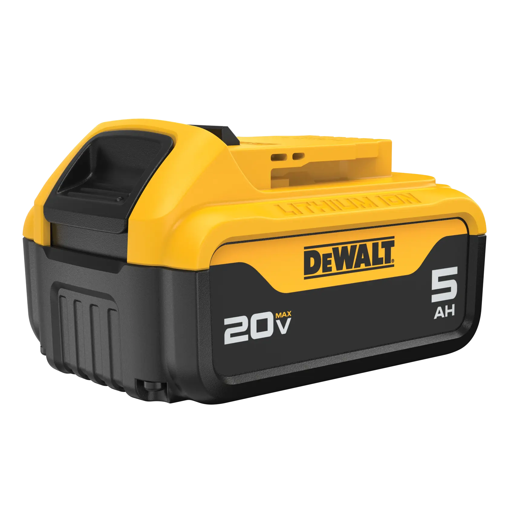 A DEWALT lithium-ion rechargeable power tool battery with 20V max voltage and 5 amp-hour capacity, featuring a yellow and black design.