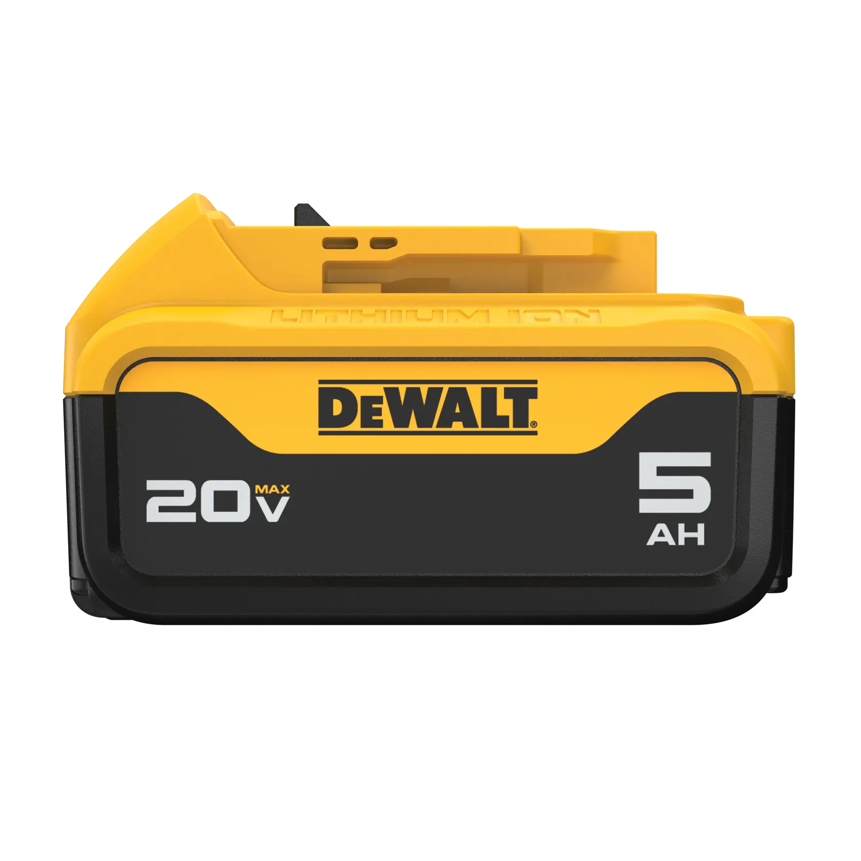 Front view of a DEWALT 20V MAX 5Ah lithium-ion battery pack, mainly yellow and black in color, featuring DEWALT branding.
