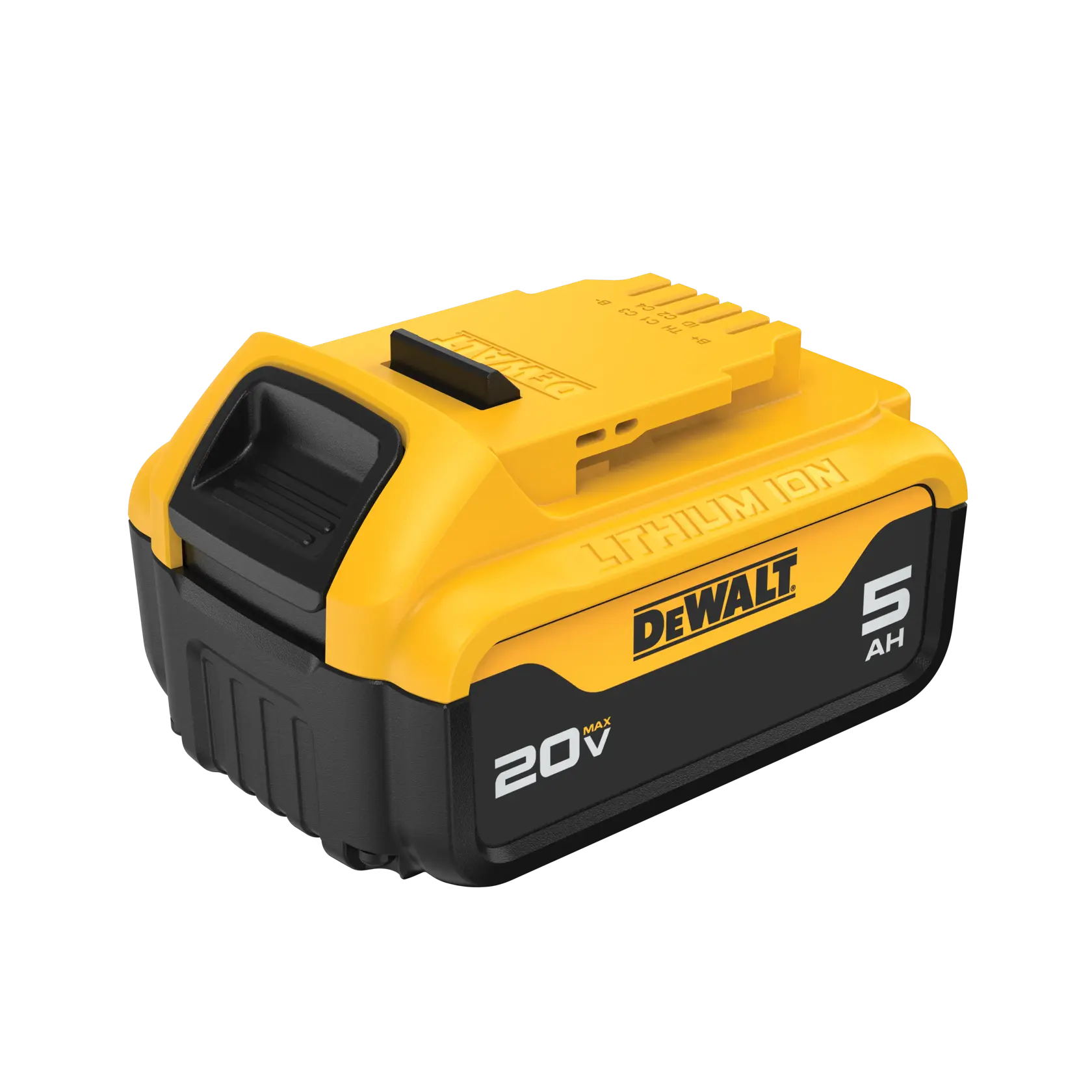 A DEWALT 20V MAX 5Ah lithium ion battery pack, mainly yellow and black in color, designed for use with power tools.