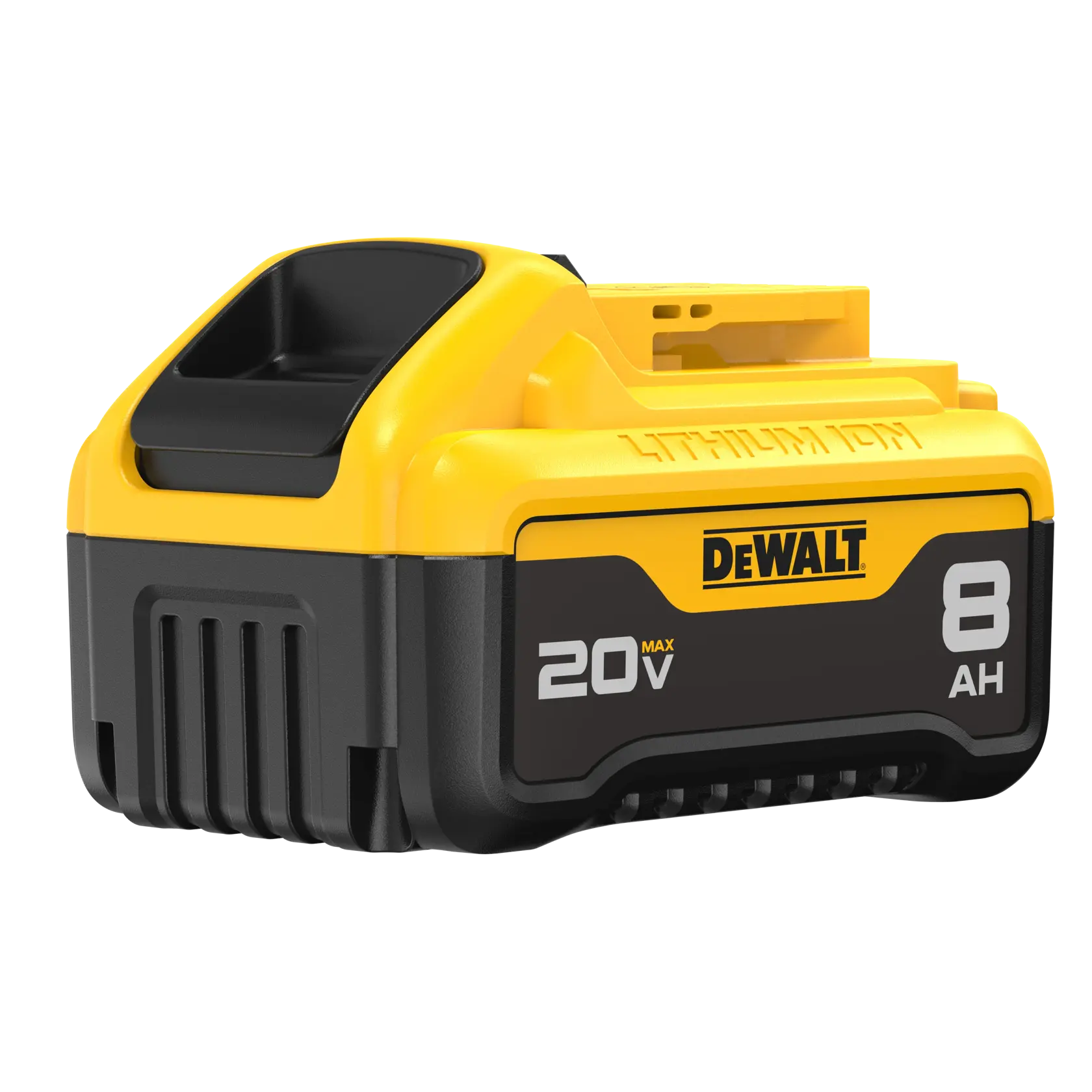 A DEWALT 20V MAX 8Ah lithium-ion battery, featuring a yellow and black design with the DEWALT logo, suitable for use with compatible power tools.