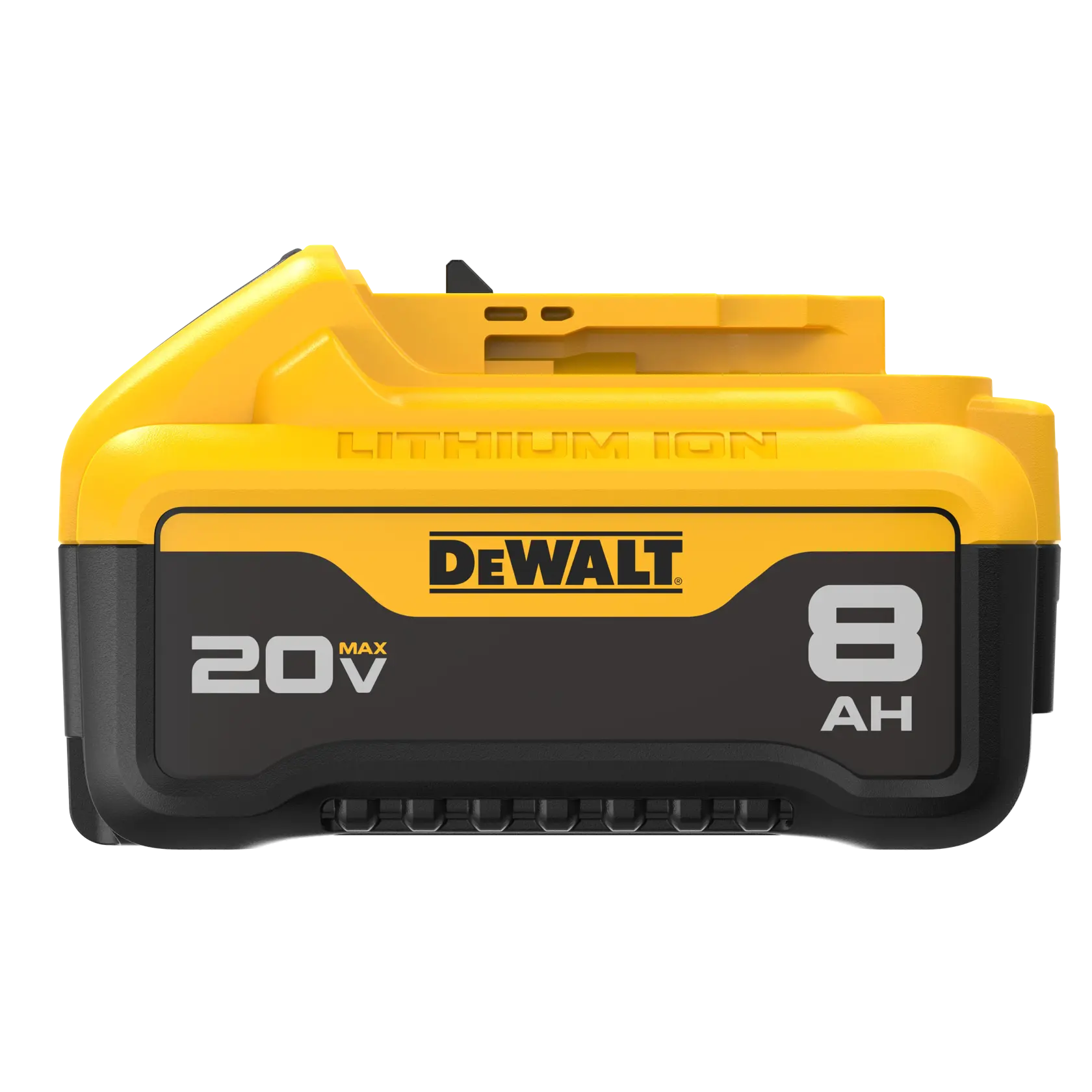 Front view of a DEWALT 20V MAX lithium-ion battery with 8 amp hours (AH) capacity, featuring a yellow and black casing and DEWALT logo.