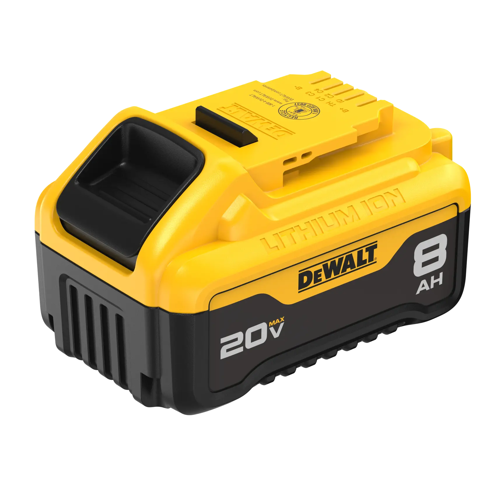 A DEWALT branded yellow and black lithium-ion battery pack with 20V Max and 8Ah capacity.